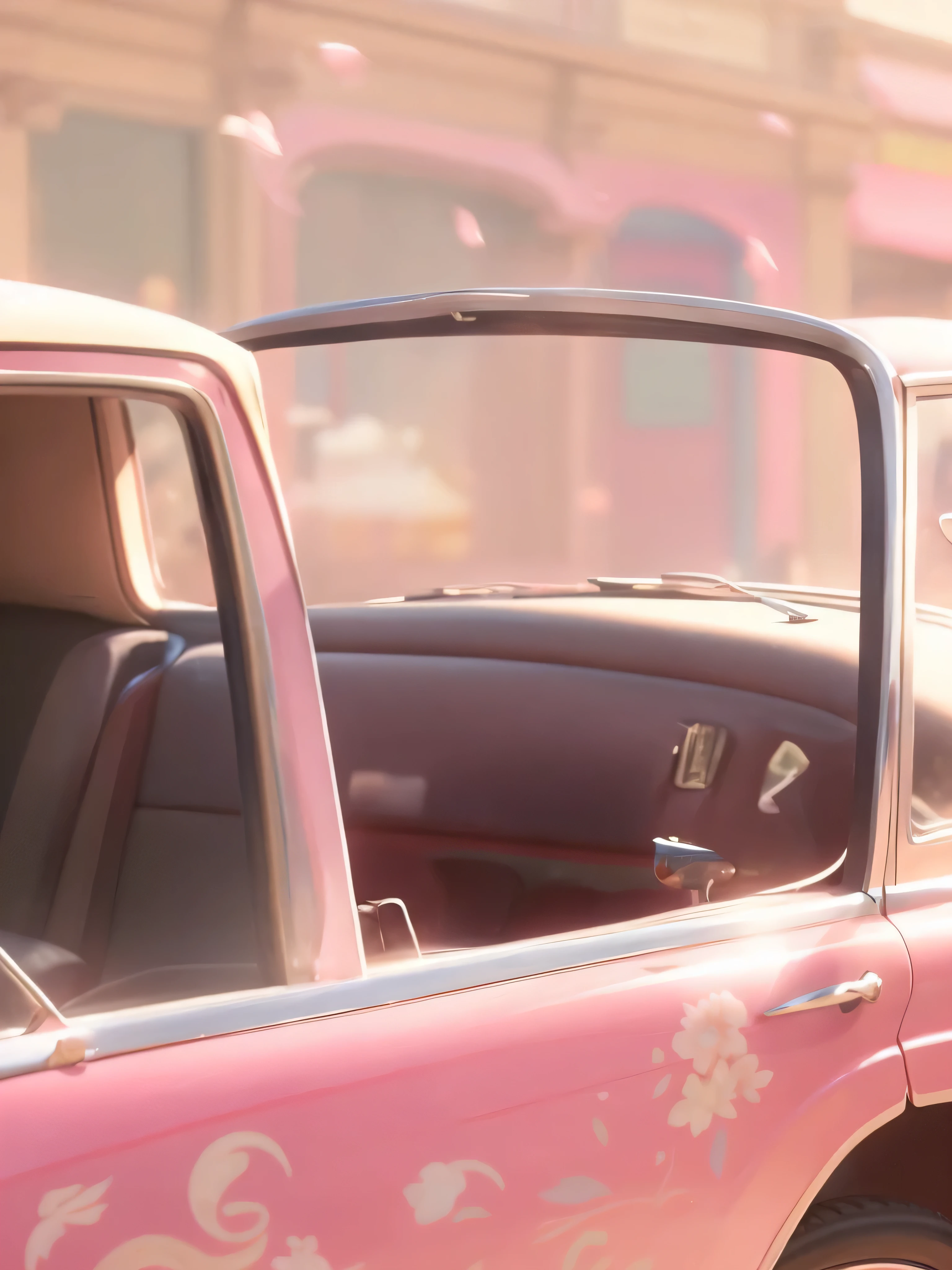 There is a pink car，The interior is pink，Stop in front of the building, pixar film中的框架, Bright macro view pixar, Movie details, pixar film《Hima Motors》, pixar film截图, pink iconic character, Pixar render, pixar animation，super detailed, detail shot, Filming!, high detail!, Detailed shots, 5 0 s aesthetic, wonderful details
