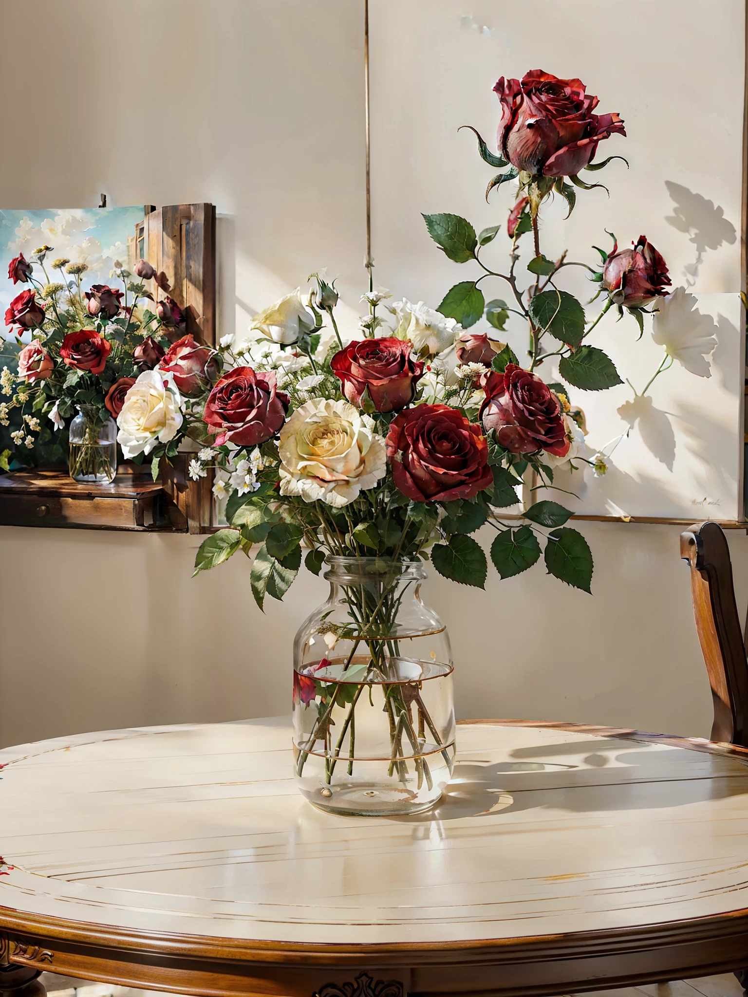 create a painting canvas with five real flowers red and three roses white ,table wood , with sun light through the windows, realistic , high definition, beautiful composition, painting, more details , accurate details,background is white
