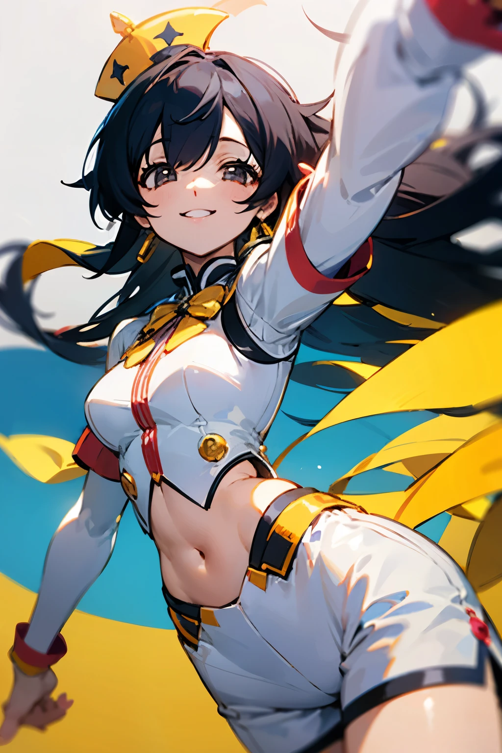 Flashy costumes,Shorts,black hair,ponytail,long hair that reaches waist,smile,Drooping eyes,Marume,White base,band pine,gothic rock,bare shoulders,garter ring