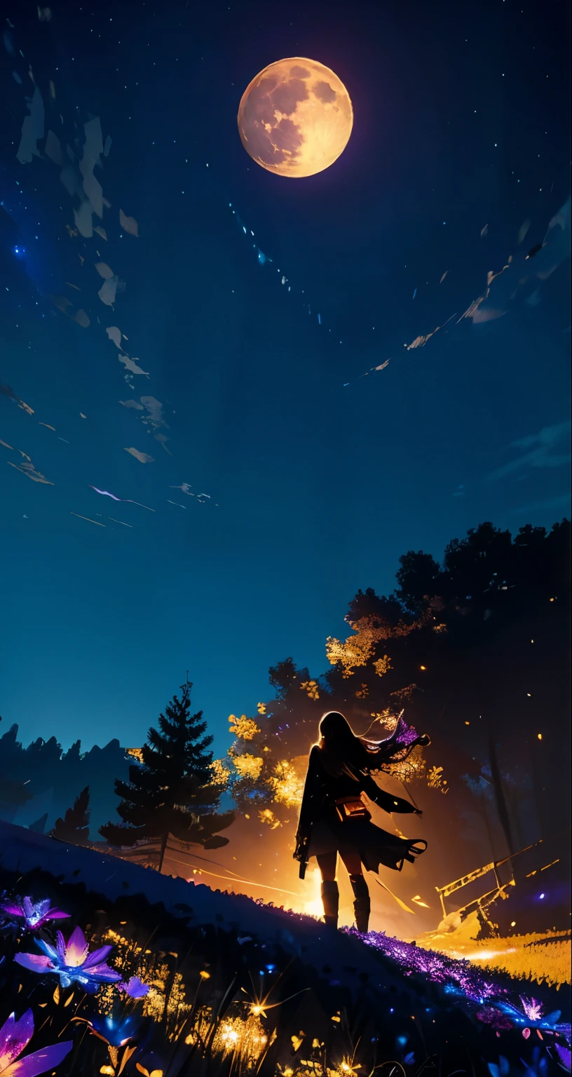 expansive landscape photograph , (a view from below that shows sky above and open field below), a girl standing on flower field looking up, (full moon:1.2), ( shooting stars:0.9), (nebula:1.3), distant mountain, tree BREAK
production art, (warm light source:1.2), (Firefly:1.2), lamp, lot of purple and orange, intricate details, volumetric lighting BREAK
(masterpiece:1.2), (best quality), 4k, ultra-detailed, (dynamic composition:1.4), highly detailed, colorful details,( iridescent colors:1.2), (glowing lighting, atmospheric lighting), dreamy, magical, (solo:1.2)