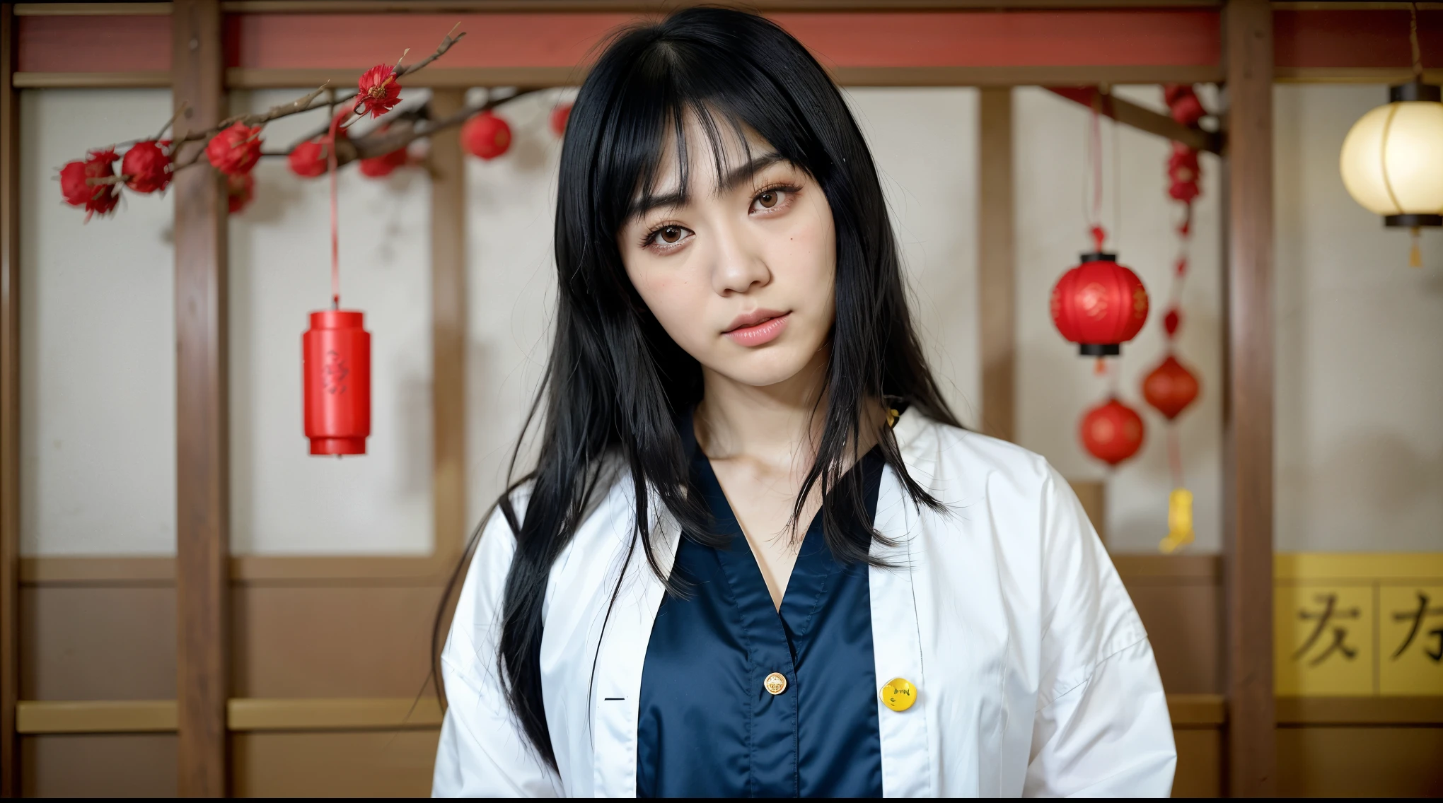 Nengajo: The Japanese New Year's Card,謹賀新年,元旦, ,shimabara yuuhi,lips gloss,blue black hair,short disheveled bangs,jagged cowlick,long locks,medium hair,thick eyebrows,sharp yellow eyes