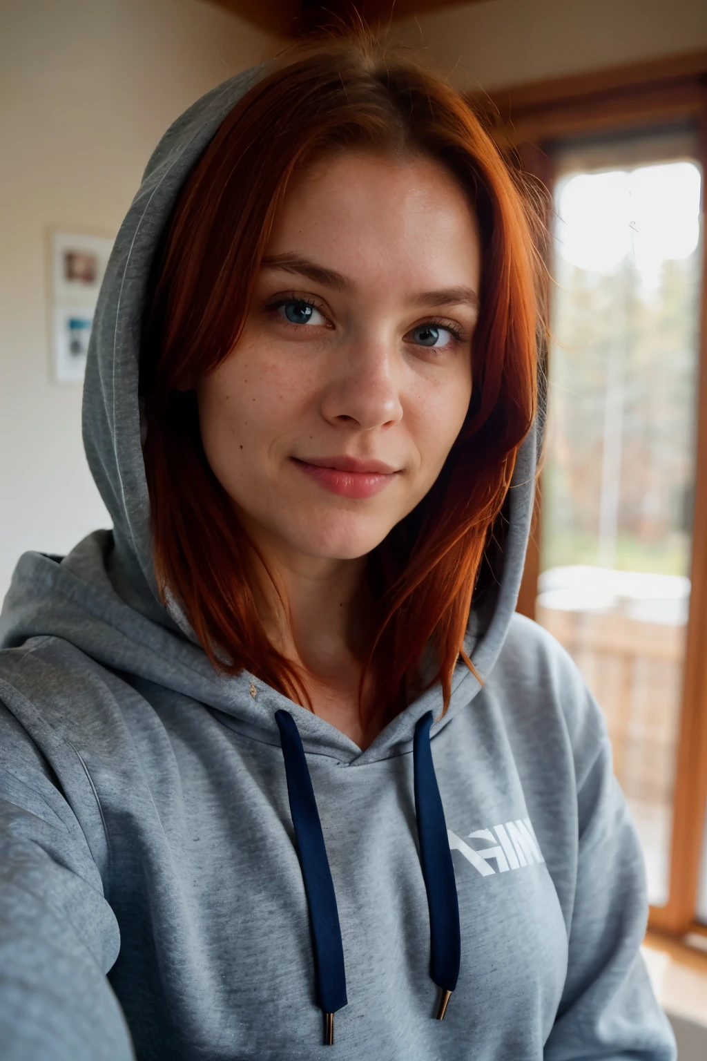 photograph, photo of beautiful woman, selfie, upper torso, solo, wearing hoodie, indoors, (night), cheerful, happy, red hair, blue eyes, finnish, looking at viewer, skin texture, photo grain, close up, RAW photo, finnish