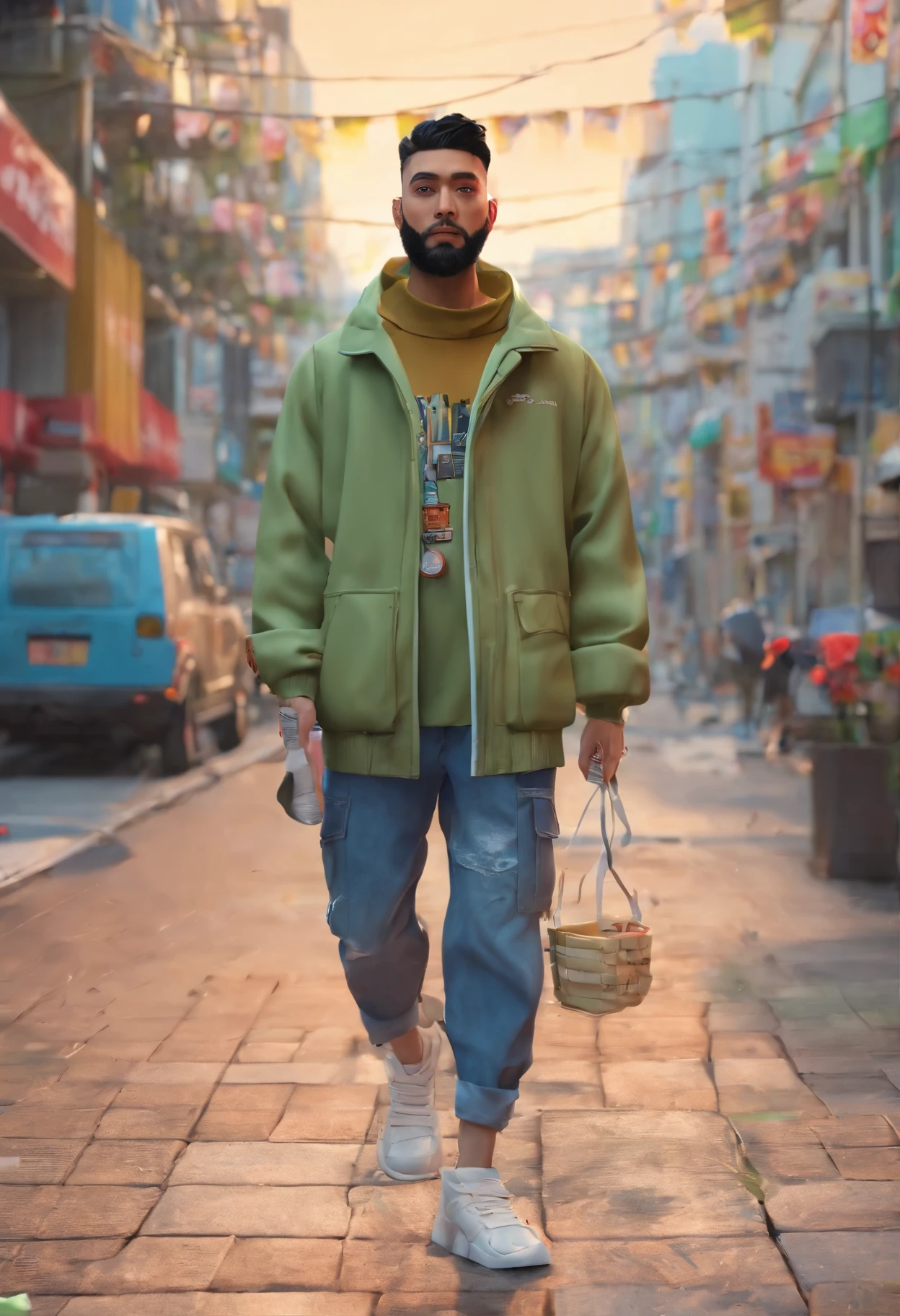 Full body 3D artwork! !Alafid man walking down the street with camera in hand, japanese streetwear, trend on r/streetwear, streetwear fashion, casual streetwear, outlive streetwear collection, Dressed as a fisherman 🧥, streetwear, 穿着日本technical clothing, streetwear, casual clothing style, streetwear, streetwear, Loose, trend on r/technical clothing, best quality, masterpiece, highly detailed, ultra-detailed,film photography, extremely detailed,expressionless