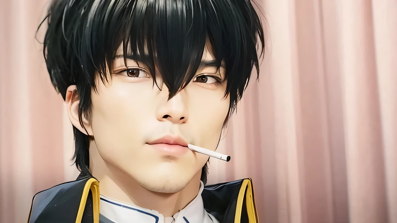 An adult man, asian, has black hair with long pony that nearly cover his eyes, has a pair of sharp black eyes, looks really serious, holding a cigarette on his mouth, wearing a black old japanese military uniform