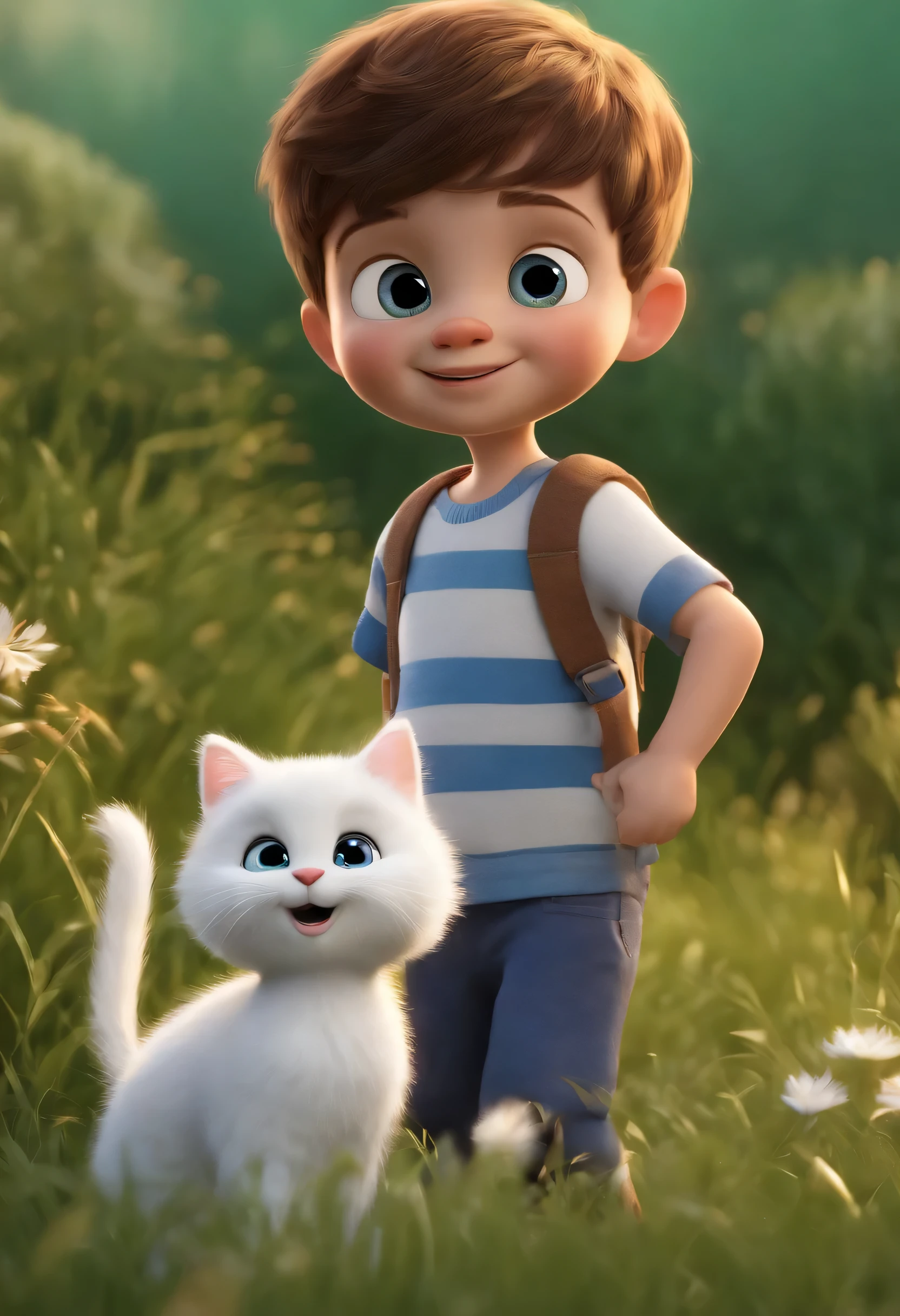 a happy cute kid standing short hair, playing in the grass with his white cat, vestindo uma fantasia espacial, , fundo branco, barnet, Tom, Estilo Pixar, ....3d, desenhos animados, rosto detalhado, asymmetrical 16k