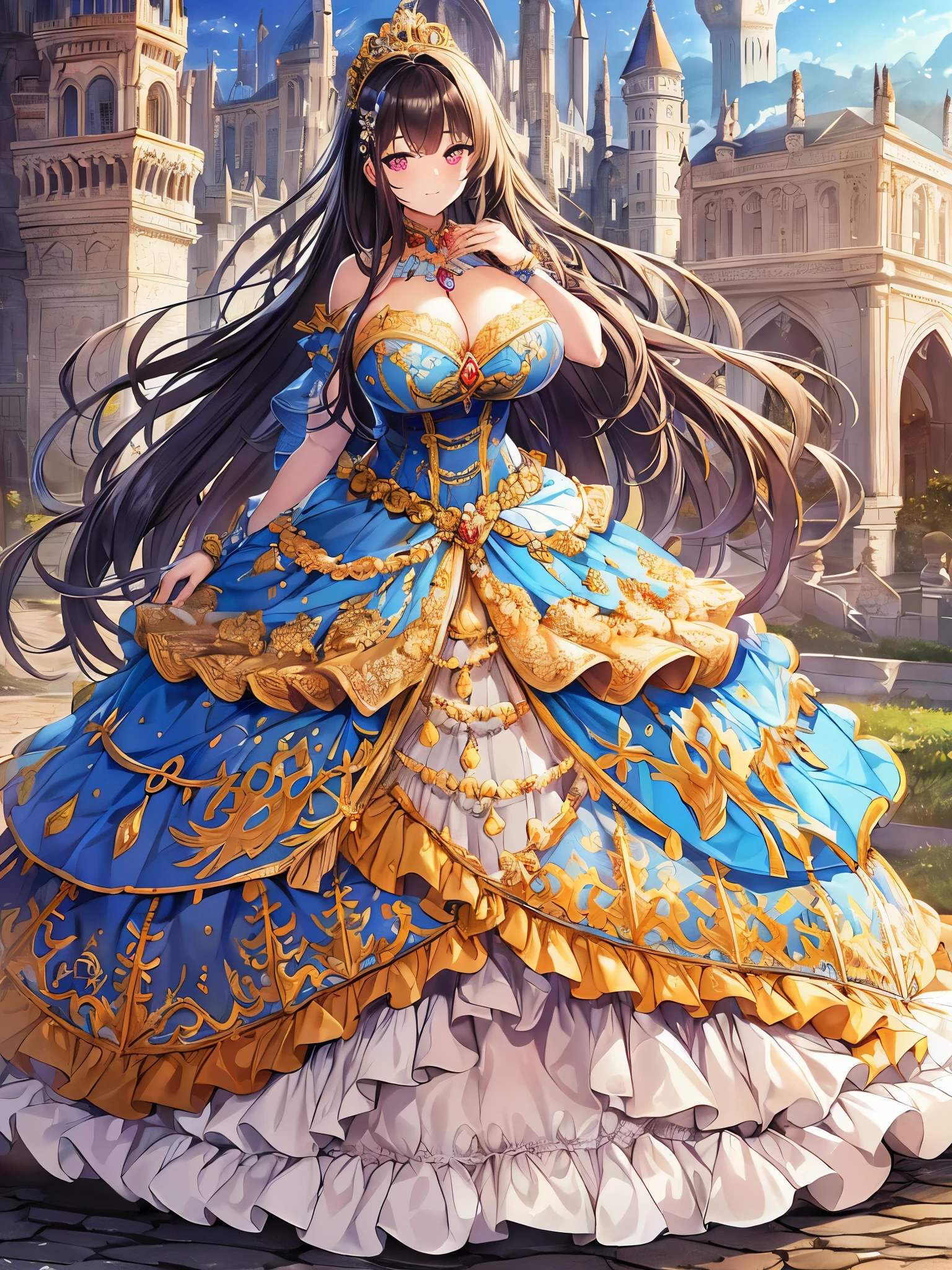 anime artstyle,Masterpiece,Best Quality,Super Detail,((Very Delicate and Beautiful)),(((1 plump princess in beautiful embroidery and jeweled gorgeous rococo ballgown with voluminous hoop skirt))),crinoline skirt,((Solo)),((stand in front of the kingdom's castle,outdoor,sky)),((full body)),(((very gigantic breasts,very gigantic breasts,sagging breasts,skindentation))),cleavage,detailed face and eyes,jewel-like eyes,((extremely voluminous straight Hair,Extremely Long Straight Hair)),((gorgeousfull embroidery and lace,beautiful embroidery and jeweled)),Gorgeous Gemstone Jewelry,gorgeous corsage,((gorgeous hair ornament,glitter jeweled gorgeous big tiara)),((full body)),((beautiful embroidery and jeweled gorgeous rococo ballgown with voluminous hoop skirt)),crinoline skirt,(crinoline),((stand in front of the kingdom's castle,outdoor,sky)),Looking at viewer,dynamic angle,(((beautiful embroidery and jeweled gorgeous rococo ballgown with voluminous hoop skirt))),crinoline skirt,full body,