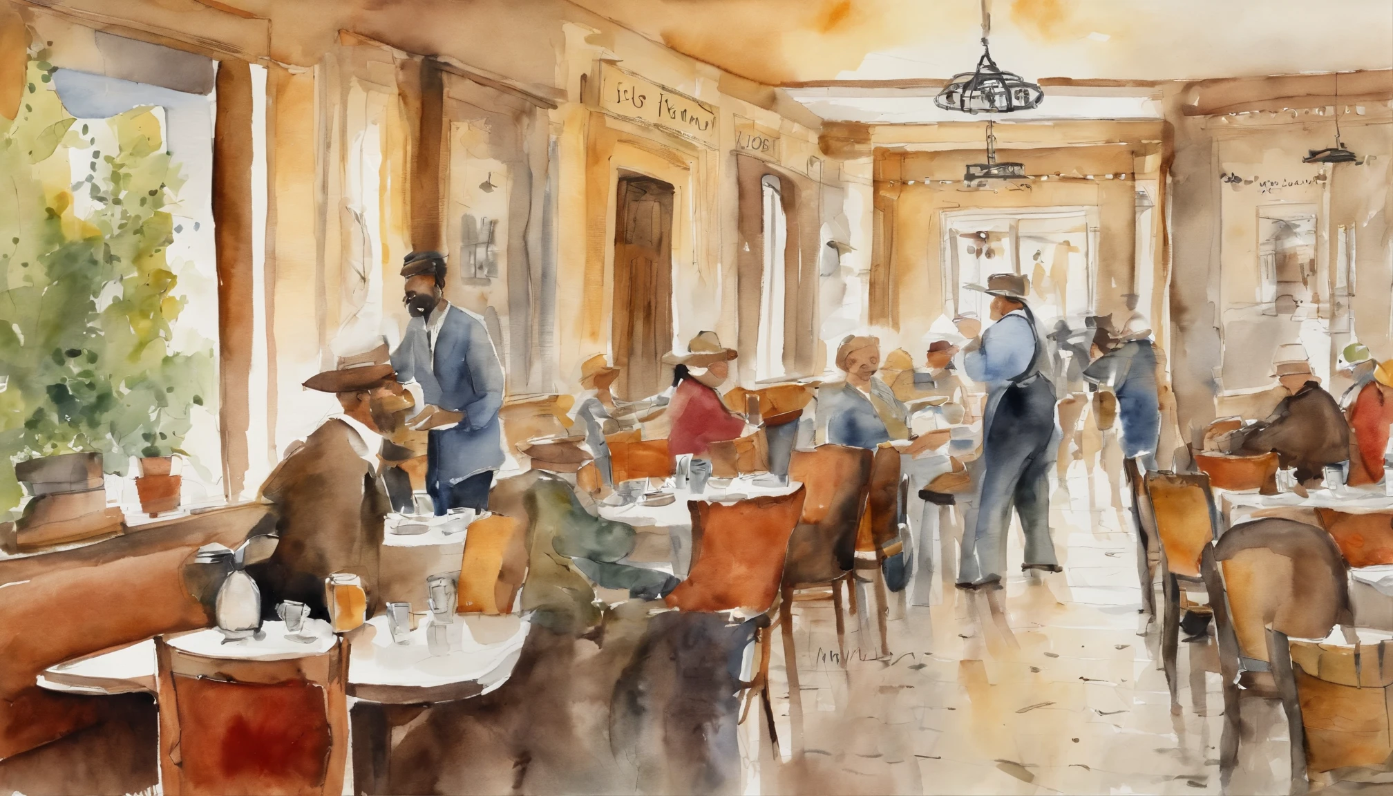 Create a lively scene in the café, akin to a Millo Manara illustration, capturing animated interactions between patrons and their four-legged friends