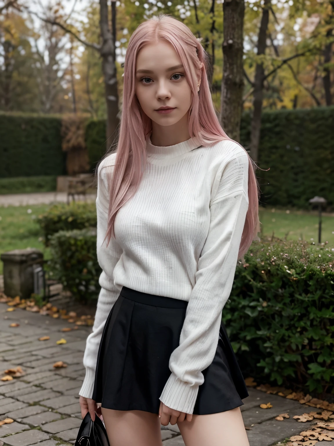 Very thin Russian pink haired girl pets a dog, wears a black skirt, White sweater, fragile body, zarte haut, junges gesicht, top quality