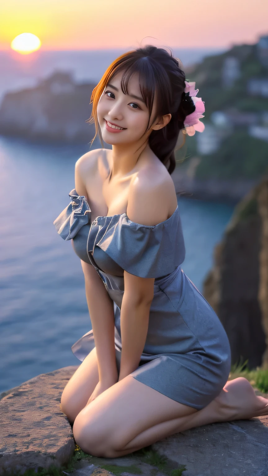 (realistic, photo-realistic:1.4), (extremely detailed 8k wallpaper), bokeh, detailed beautiful eyes and skin, (Image from thighs to head:1.3), (Japanese idol:1.3), 25yo, beautiful woman, smile, large breast,
Slate gray off-shoulder dress with ruffle details, Romantic, Cliffside view at sunset, Ethereal evening ambiance,