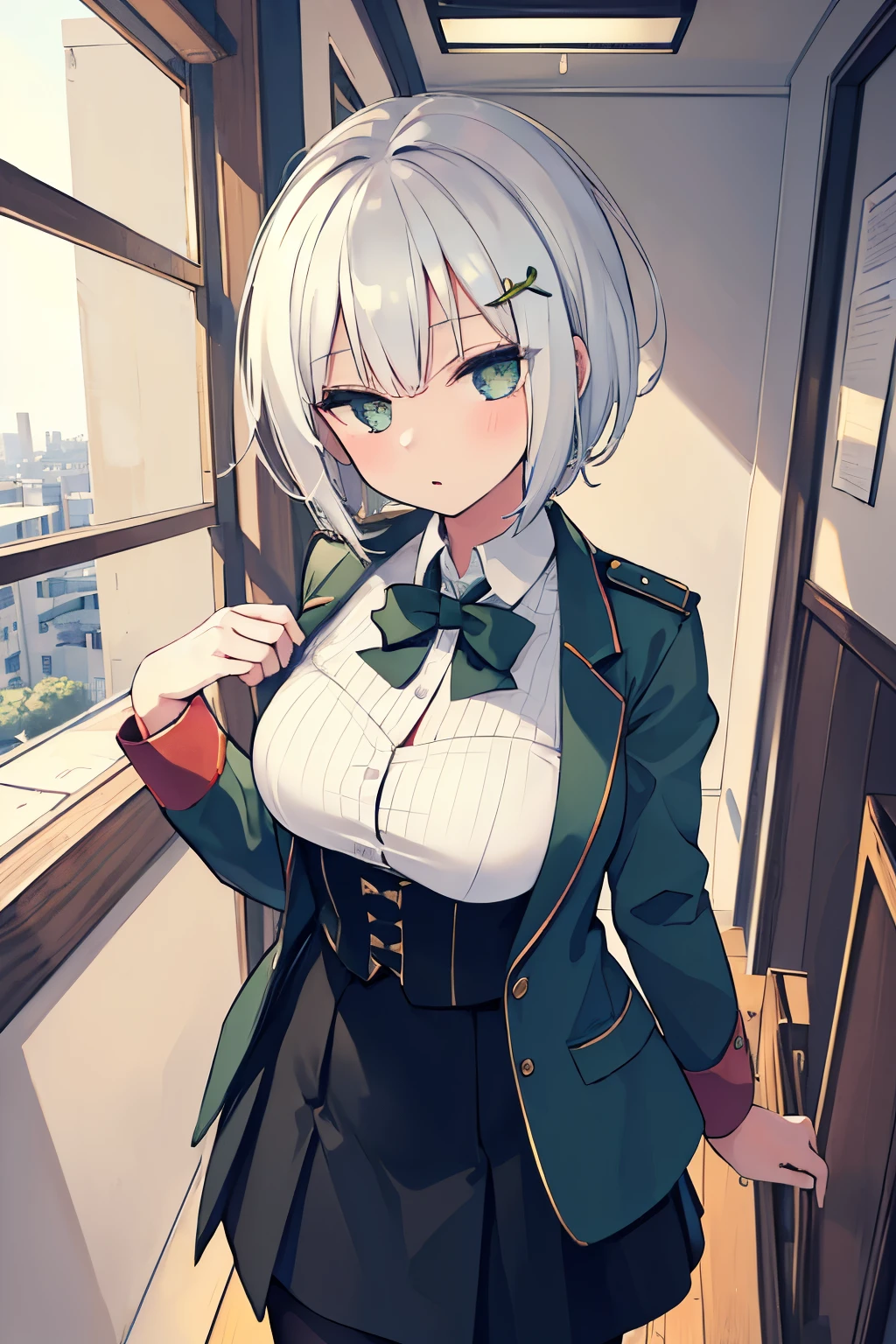 (masterpiece, best quality:1.2), illustration, 8k, hd, solo, 1girl, short hair, white hair, green eyes, green blazer, black skirt, detailed background, looking at viewer, hair ornaments, indoors