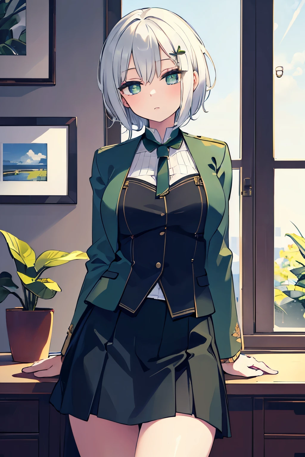 (masterpiece, best quality:1.2), illustration, 8k, hd, solo, 1girl, short hair, white hair, green eyes, green blazer, black skirt, detailed background, looking at viewer, hair ornaments, indoors