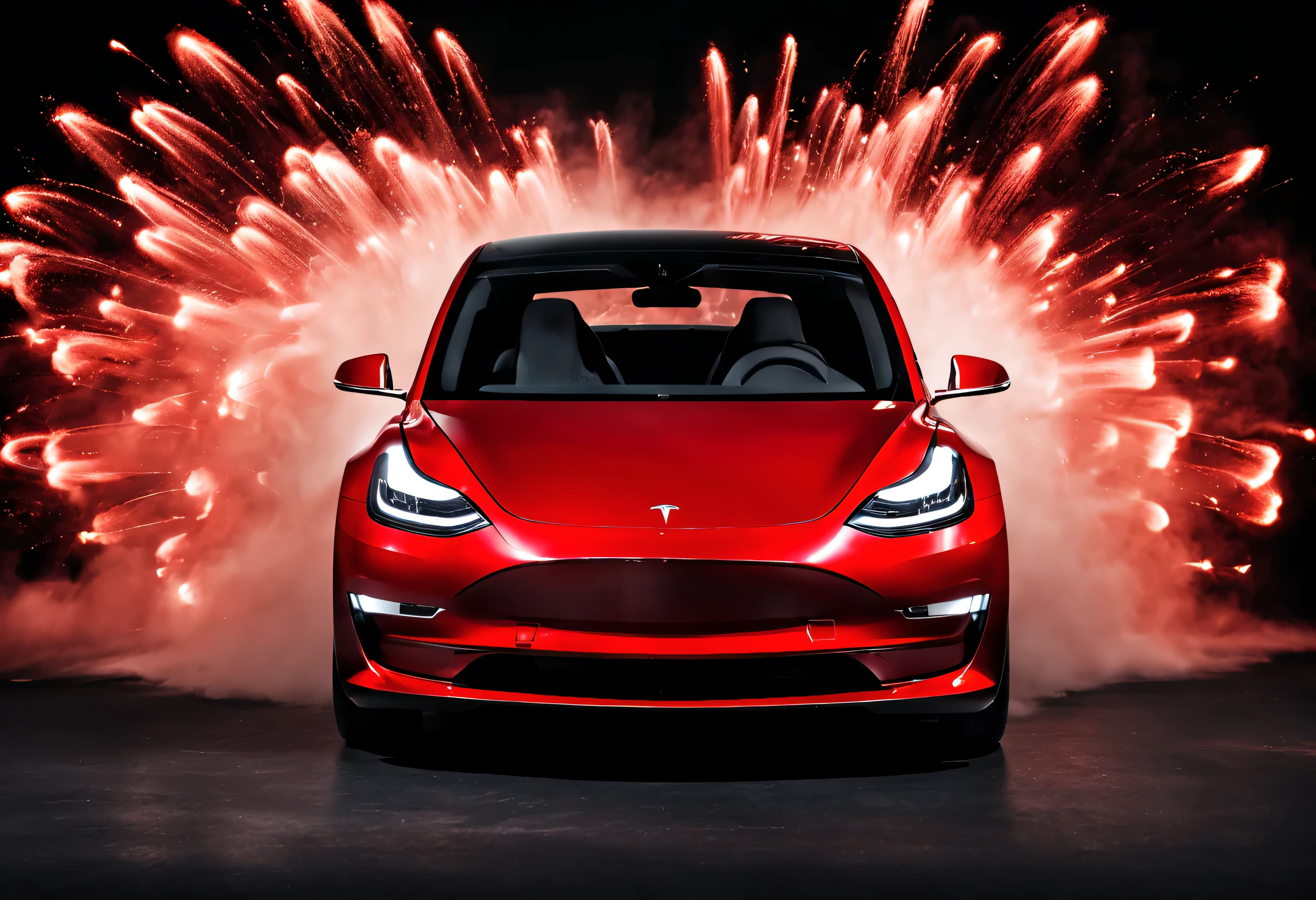 Tesla Model 3, rouge, Background explosions, studio fond noir, vue de face