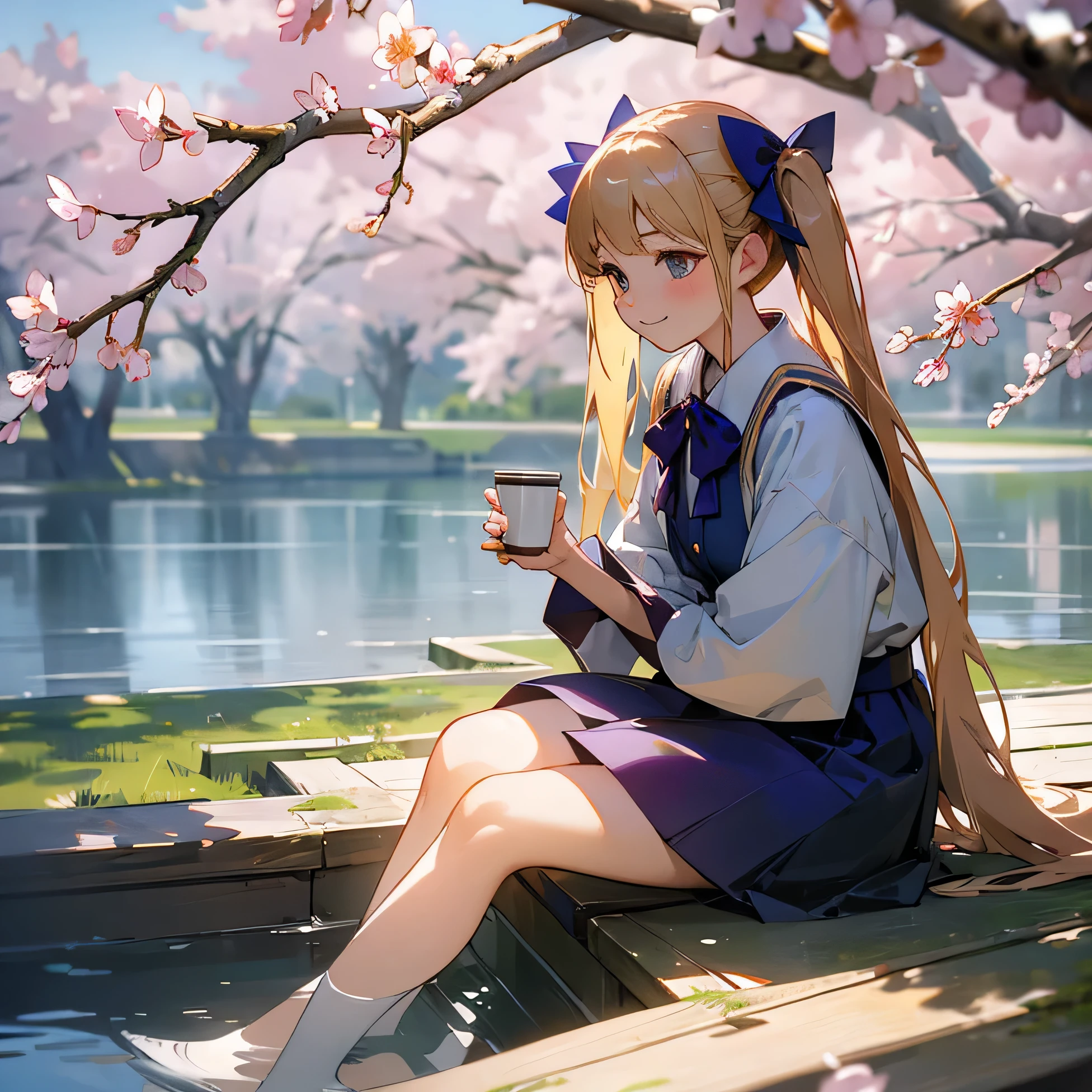 (masterpiece), highest quality, ultra high resolution, (sharp focus), (realistic: 1.4), genuine, 1 girl, alone, light smile, Under the plum blossoms and big plum tree, sitting plum tree, Holding a coffee cup, twin tails, beautiful blonde hair, Big blue ribbon, Beyond the plum blossoms is a quiet lakeside, whole body, thaw, look around, thin arms, thin legs,