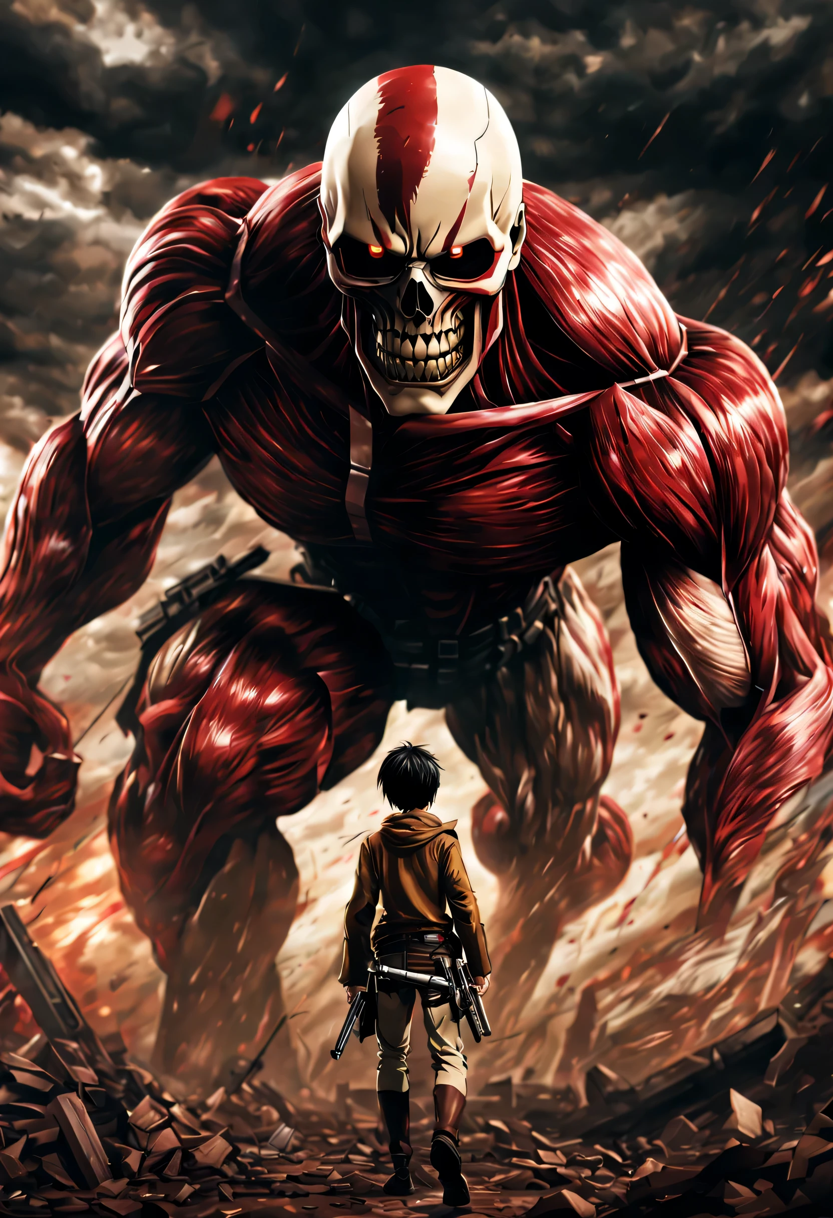 (highest quality,4K,8K,High resolution,masterpiece:1.2),Super detailed,(realistic,photorealistic,photo-realistic:1.37),Attack on Titanアニメスタイル, Anime character face skull and bloodstains, Attack on Titanにインスピレーションを得た, Attack on Titanの巨人たち, Eren Yeager, Attack on Titan, Super-sized giants, Shingeki no Kyojin, fighting titan, Attack on Titanの秘術, colossal titan, inspired by new art, colossal titanからインスピレーションを得た, intense battle scene, Emotional moments, dark and rugged atmosphere, epic action sequences, intense look, dynamic pose, dramatic lighting, post apocalyptic setting