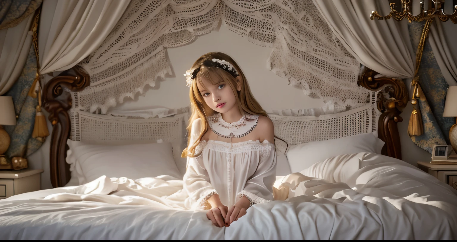 ,highest quality, masterpiece, highest resolution, artwork, super それにget used to it, many get used to it, get used to it, それにget used to it, 3K realistic photos,,((10 year old girl)),Super detailed young girl's face, Beautiful girl illustration,detailed beautiful face detailed hair,detailed human eye ,detailed mouth, arm details,detailed hands, Super detailed young girl's face, Beautiful girl illustration,detailed beautiful face detailed hair,detailed human eye ,detailed mouth, arm details,detailed hands, european,(((Blonde with super long rolls))),blue eyes,pajamas,night wear,((((white nightgown)))),((フリルとリボンが沢山付いたwhite nightgown)),((1920 style nightgowns)),wearing a nightcap,((Nightcap with frills and ribbon)),victorian nightgowns,Yoke collar with ruffles and ribbons,Long sleeves with ruffles,Long skirt up to the ankle,((The whole body is reflected)),white ruffle and lace socks,Wearing slippers with frills and ribbons,Pillow with large frills and ribbons,detailed costume,Detailed pillow, is sitting on the bed,on a luxurious canopy bed,(((four poster bed with canopy))),(((Luxurious curtains on both sides and behind the bed))),many frilly pillows on the bed,super detailed background,Detailed bed,romantic atmosphere,The lower half of the body is hidden under the futon,