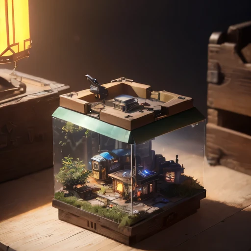 small realistic model, (bifurcation, original photo, best quality, masterpiece:1.4),SteampunkCyberpunk1916 City,(Cyberpunk light:1.3),on the table,horizon (related to land),(in a small nature box:1.3),Isometric, small nature, landscape on foundation,landscape,Distant focus