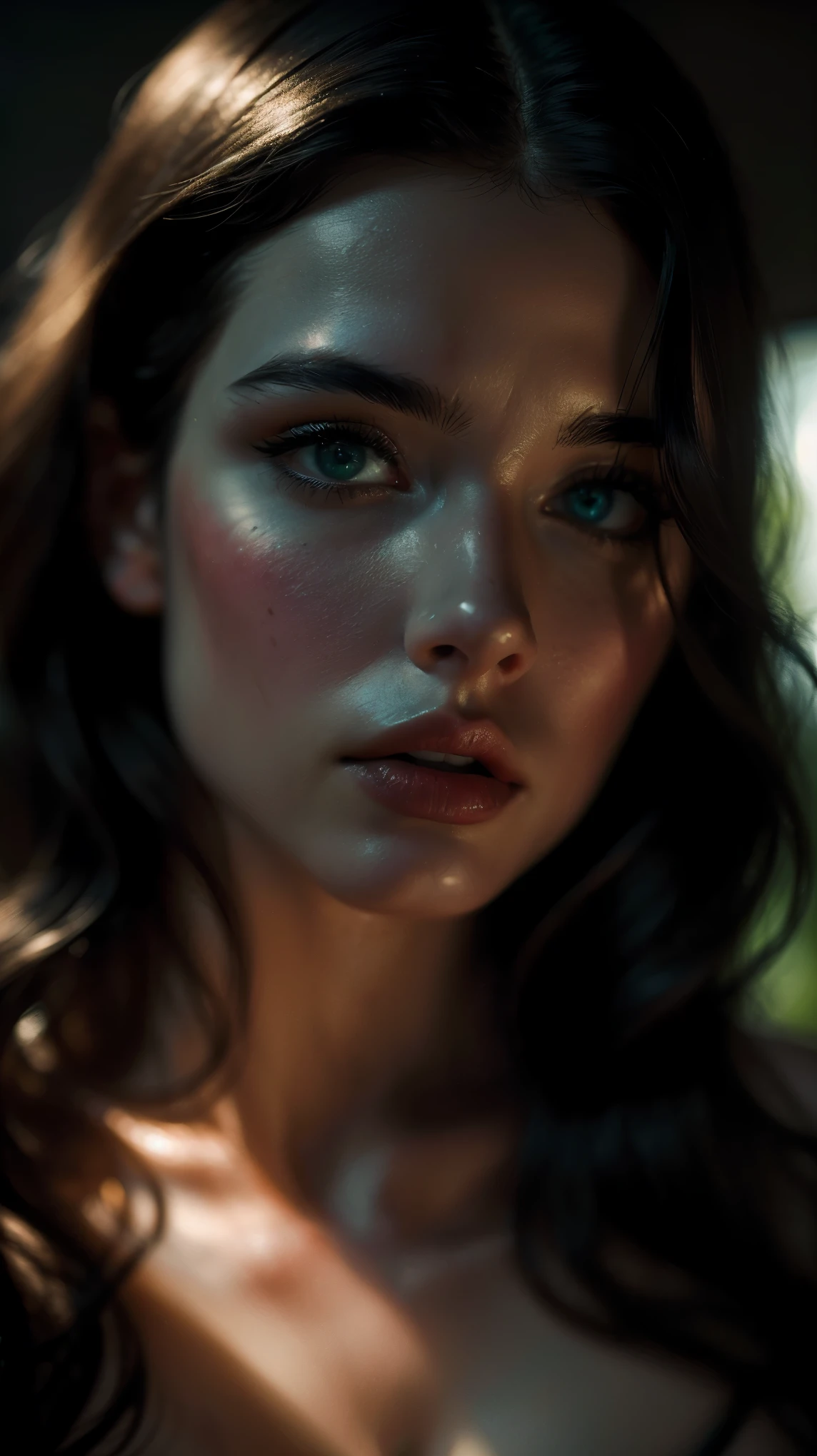 (((ultra realistic))) Photo, masterpiece, top quality, (pale skin), (Ultra detailed face and eyes:1.3), 1 girl, ((Adult)) , naked, (Eye makeup, mascara), ((large detailed lips)), ((Dark wavy hair)), ((Stylish hairstyle)) , (Natural breasts). ((Posing)), photoshoot, (Soft) Lighting, (The play of light and shadows), depth of field, bokeh, (special attention to skin detail: 1.2), Detailed leather texture, skin pores. (Dark atmosphere of the frame. color scheme - black, Red, green tones), UDR, ((Film grain)), (rays), ((close-up portrait, close to the camera)) , ultra detialed,