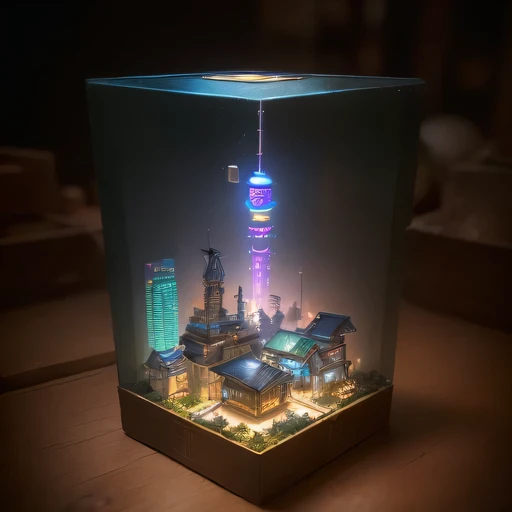 small realistic model, (bifurcation, original photo, best quality, masterpiece:1.4),SteampunkCyberpunk1916 City,(Cyberpunk light:1.3),on the table,horizon (related to land),(in a small nature box:1.3),Isometric, small nature, landscape on foundation,landscape,Distant focus