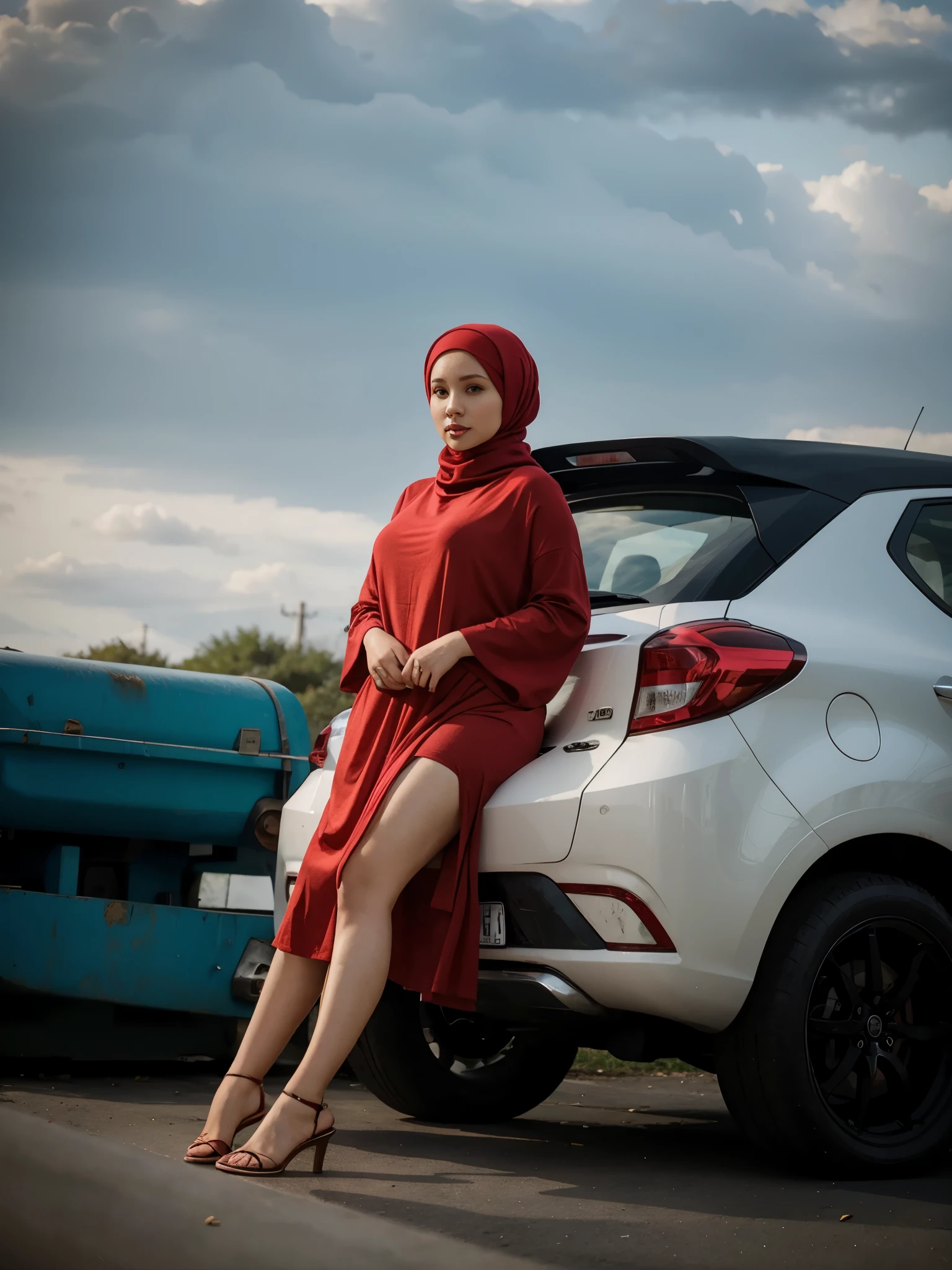 Woman with red hijab, ((plump)) woman