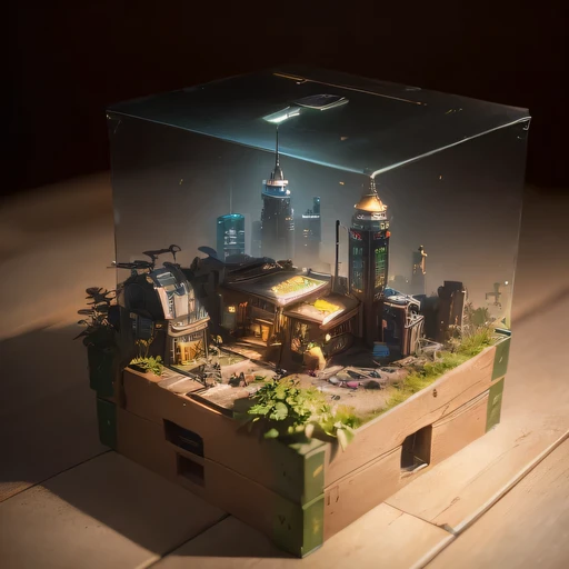 small realistic model, (bifurcation, original photo, best quality, masterpiece:1.4),SteampunkCyberpunk1916 City,(Cyberpunk light:1.3),on the table,horizon (related to land),(in a small nature box:1.3),Isometric, small nature, landscape on foundation,landscape,Distant focus