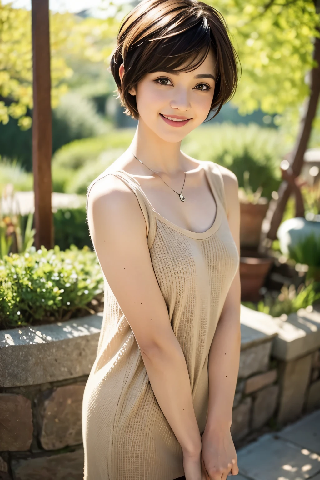 Pixie cut, very, very short hair, uneven tips, smile, brown hair