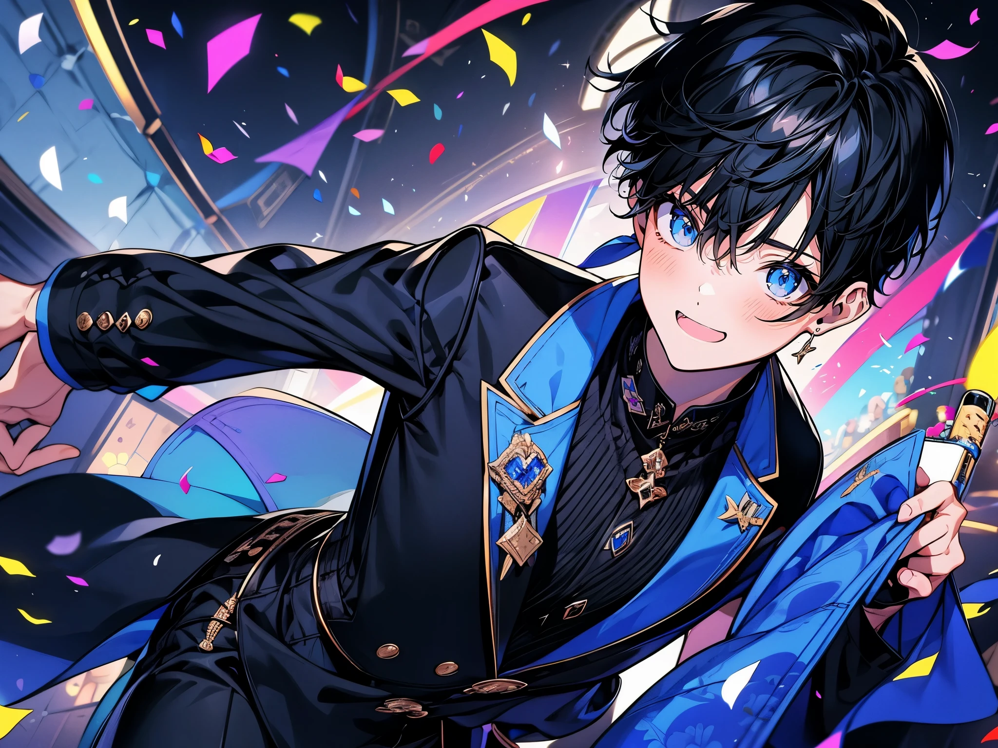 (muste piece), (best quality), very detailed, ((1 boy)), solo focus,Low - Angle,dynamic,A dynamic pose,((happy face)),perfect face, beautiful face, very detailedな顔,(black hair_blue eyes:1.3),idol costume,male solo idol,concert dome,live,have a microphone,singing,Smiling with mouth wide open,Laser Light,confetti,