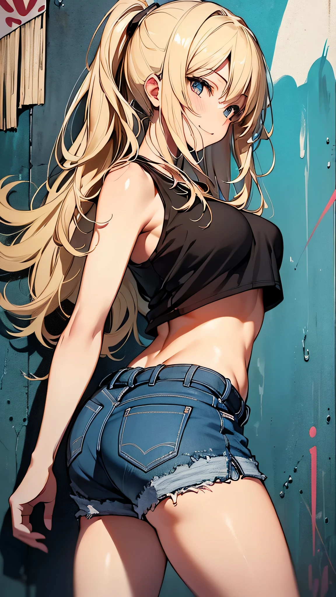 最high quality、best image quality、masterpiece、teenage girl((18-year-old、 By becoming、vest bust、medium bust,wide open breast tea、black eye, blonde hair、Habitual hair、long hair、thin,highest valley、navel black tank top、blue shorts、Holding a spray can、smug face、leaning forward、paint跡、Black leather jeans、Rear view、lots of accessories、wallに寄りかかる、sexy pose)),high quality、beautiful art、background((Bright city、wall、graffiti、paint、Hawaii、Waikiki))debris flies、Depth of written boundary、movie、visual art、perfect art、8K,genuine
