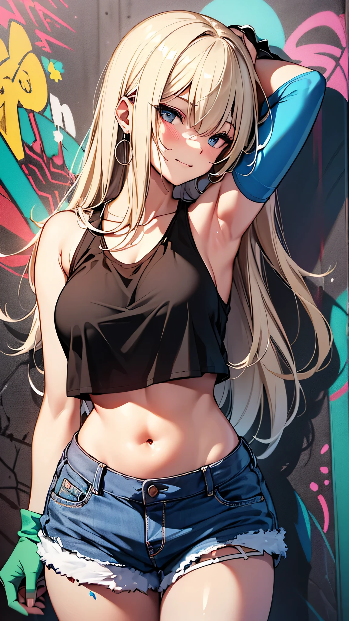 最high quality、best image quality、masterpiece、teenage girl((18-year-old、 By becoming、vest bust、medium bust,wide open breast tea、black eye, blonde hair、Habitual hair、long hair、thin,highest valley、navel black tank top、blue shorts、Holding a spray can、smug face、leaning forward、paint跡、black aloha shirt、Rear view、lots of accessories、wallに寄りかかる、sexy pose)),high quality、beautiful art、background((Bright city、wall、graffiti、paint、Hawaii、Waikiki))debris flies、Depth of written boundary、movie、visual art、perfect art、8K,genuine