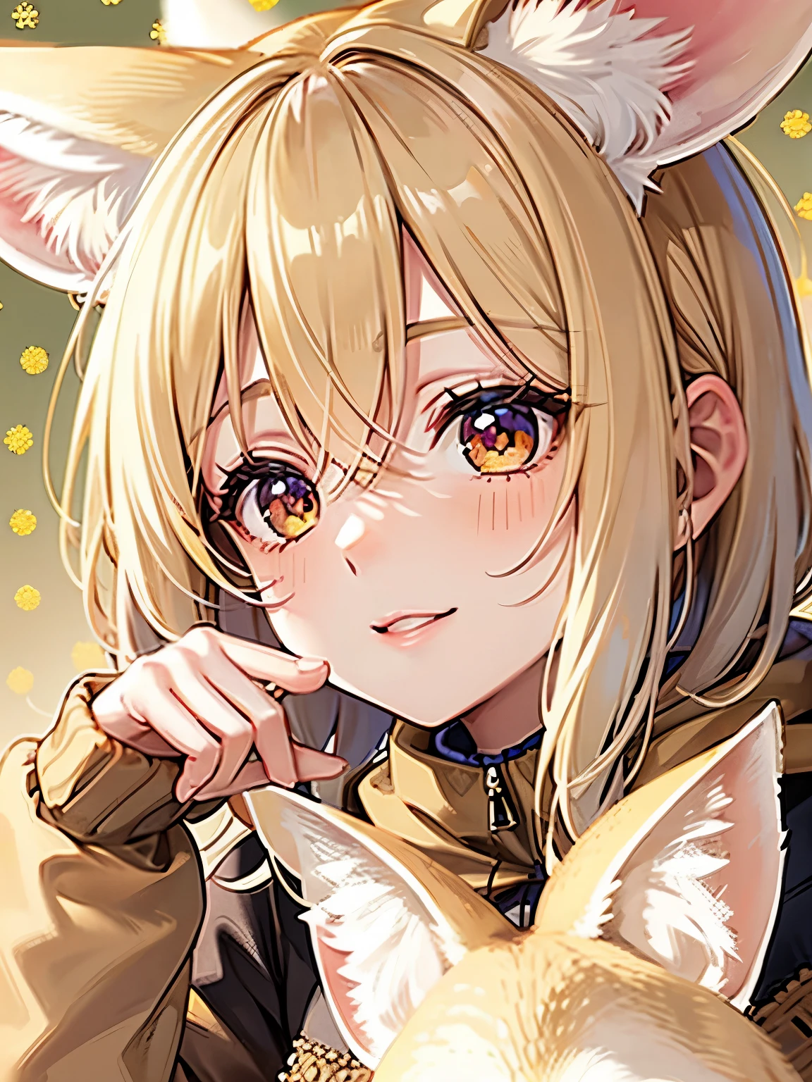 girl,((thin blonde hair:1.2)),((Fennec ears:1.3)),((Fancy and cute winter clothes)),((cute pose)),BREAK//((fruit background:1.3)),((colorful:1.2)),((close up of face))