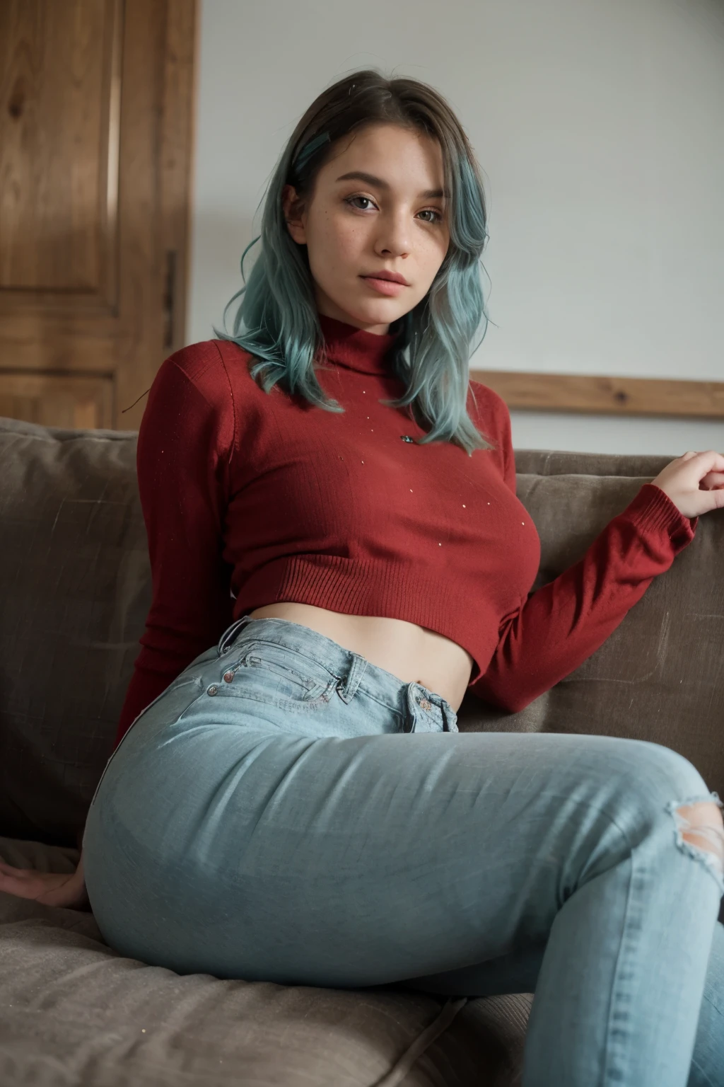 beautiful woman with turquoise hair, light freckles, on a couch, wearing tight jeans and red sweater, crossed legs, thick thighs, dreamy and romantic compositions