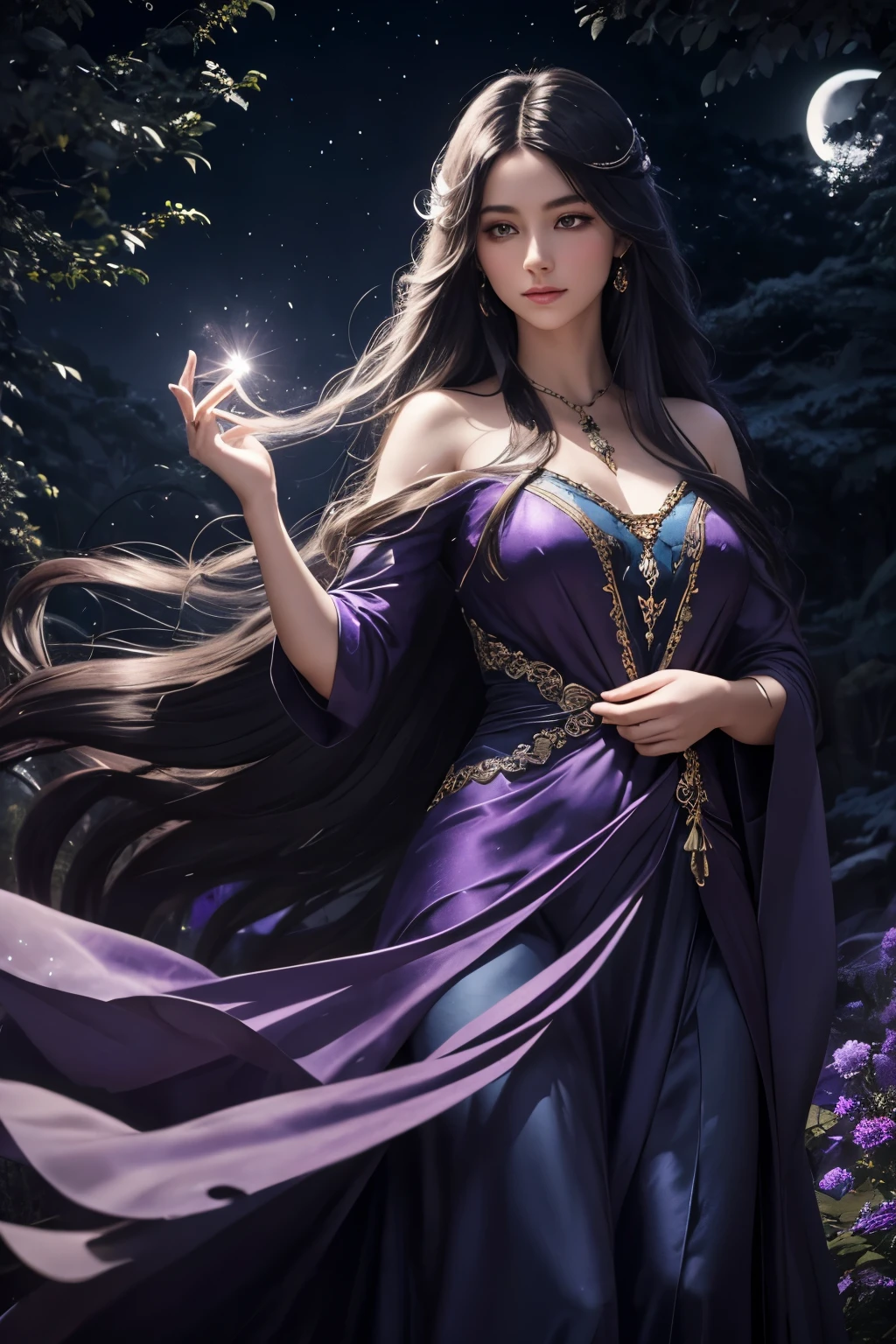 Hair Color: Luna's long, flowing locks cascade like midnight, a deep and enchanting shade of onyx that gleams with a subtle luminescence under the moonlight.Eye Color: Her eyes, pools of mystery, are a mesmerizing shade of deep amethyst, reflecting the secrets of the cosmos and the tales hidden within her ancient book.Pose: Luna stands in a moonlit forest clearing, one hand gently reaching toward the night sky, and the other cradling an antique book. Her pose is an ethereal dance, capturing the essence of mystery and enchantment.Attire: Luna wears a flowing deep-purple gown adorned with subtle luminescent patterns that shimmer in the moonlight. A silver pendant hangs from her neck, echoing the celestial theme.Hand Placement: Luna's outstretched hand points toward the crescent moon, channeling an unseen energy. The hand cradling the book is delicately poised, showcasing elegance and wisdom.Location: The backdrop is a mystical forest with tall, ancient trees casting shadows beneath the moon's soft glow. Instagram's "Moon" filter adds a touch of celestial magic, enhancing the mysterious ambiance.