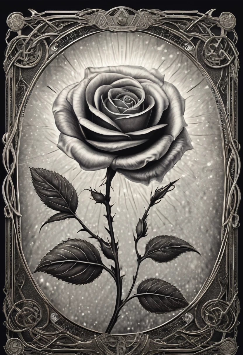 realistic, (best quality, masterpiece:1.3), abstract silver rose, tarot card, linework, light particles, gothic, celtic,  