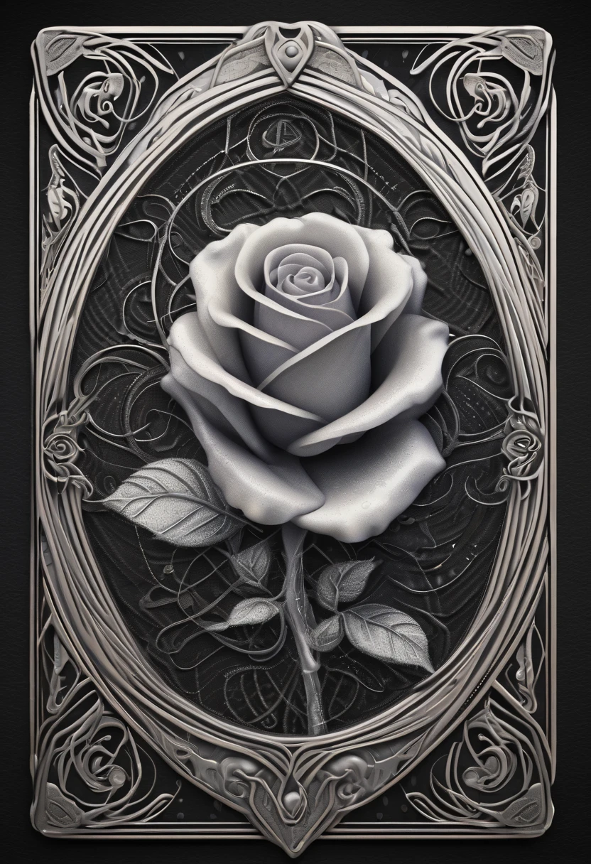 realistic, (best quality, masterpiece:1.3), abstract silver rose, tarot card, linework, light particles, gothic, celtic,  