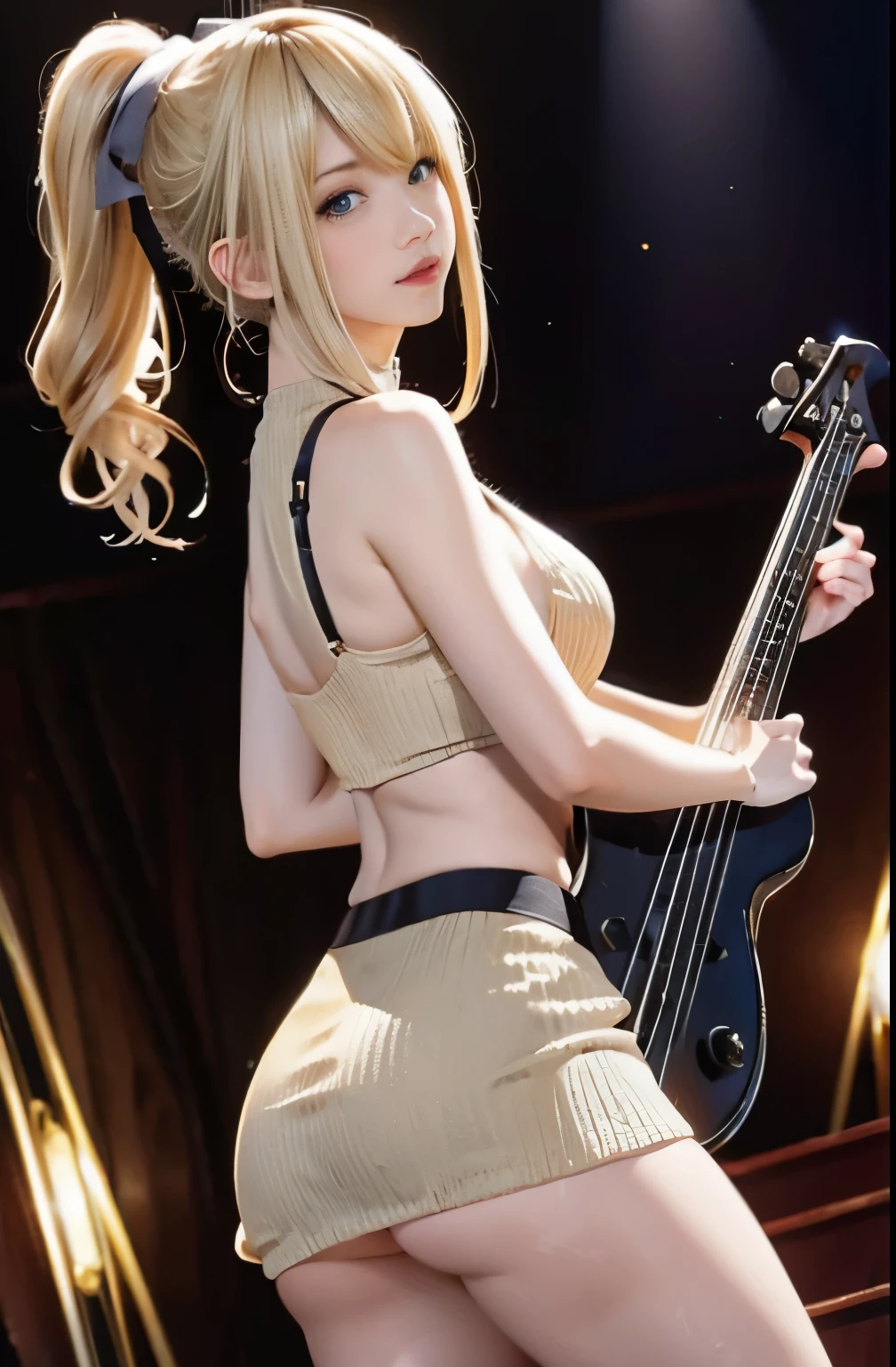 realistic、masterpiece、1 girl、23 years old、beautiful face、embarrassing、Low - Angle、(Landscape、Standing、raise one leg on the step、(panty shot)、musicians、Gray knitted dress、Skirt rolled up、(Playing the electric bass、on stage))、(blonde hair ponytail、wavy hair)、beautiful thighs、beautiful butt、