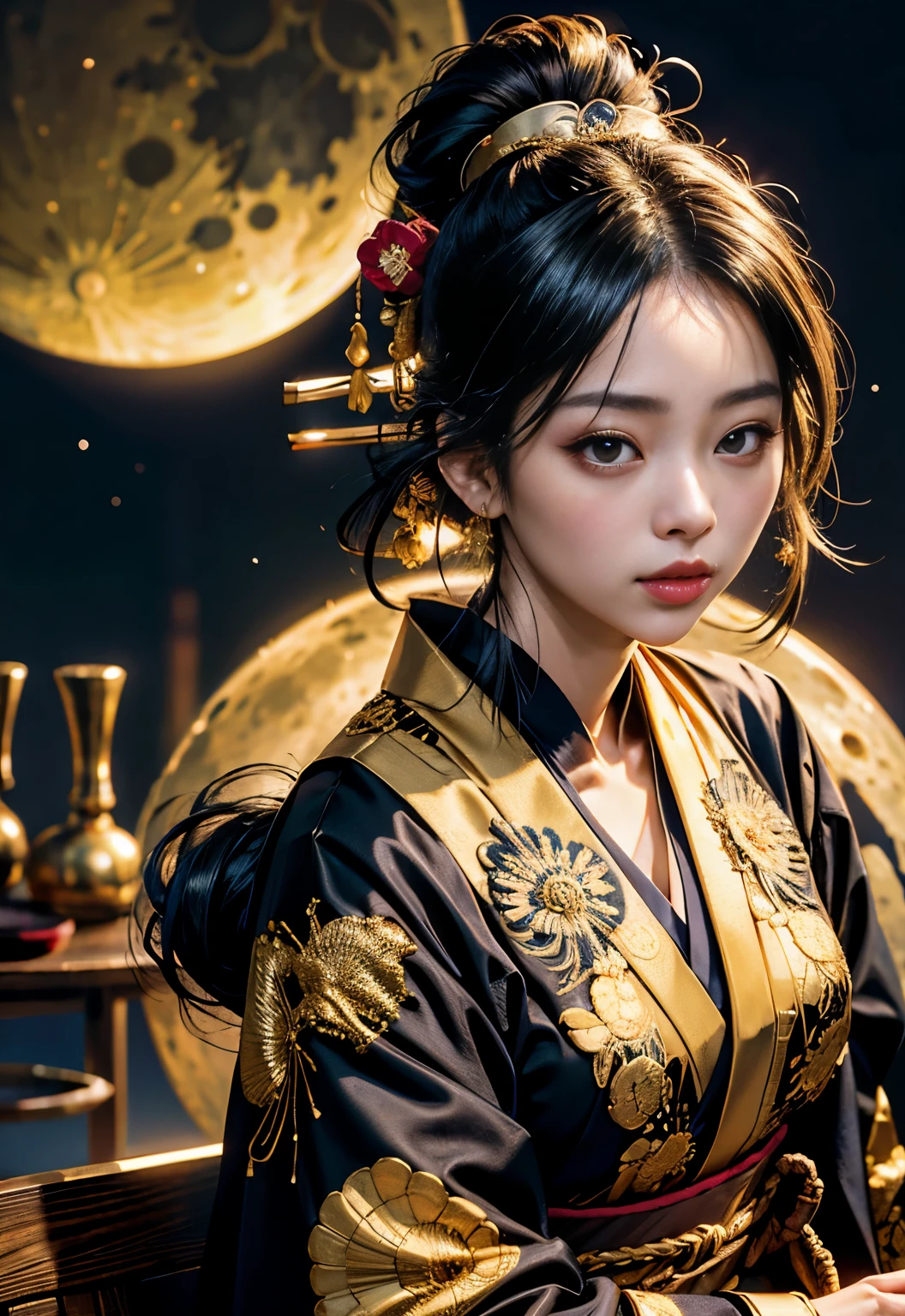detailed background((moon:1.5),Japanese old townscape),elaborate costumes{luxury kimono(black kimono(fine golden embroidery,))}、(japanese idol(actress):1.2)(perfect face:1.2),Expressing a beautiful and elegant woman。glossy black hair,ponytail,heart in the eyes。 Wallpaper 16K, .Blur the background with a sickle,((table top)), ((highest quality)),{{portrait photography}},Full body Esbian、vision,(highest qualityの, highest quality), Queen,Beautiful and sexy:1.2, (1 female), Highly detailed natural gaze,composition of golden ratio,Wearing a colorful Japanese kimono,best details, she has straight black hair and black eyes, 背景にmoonがある,