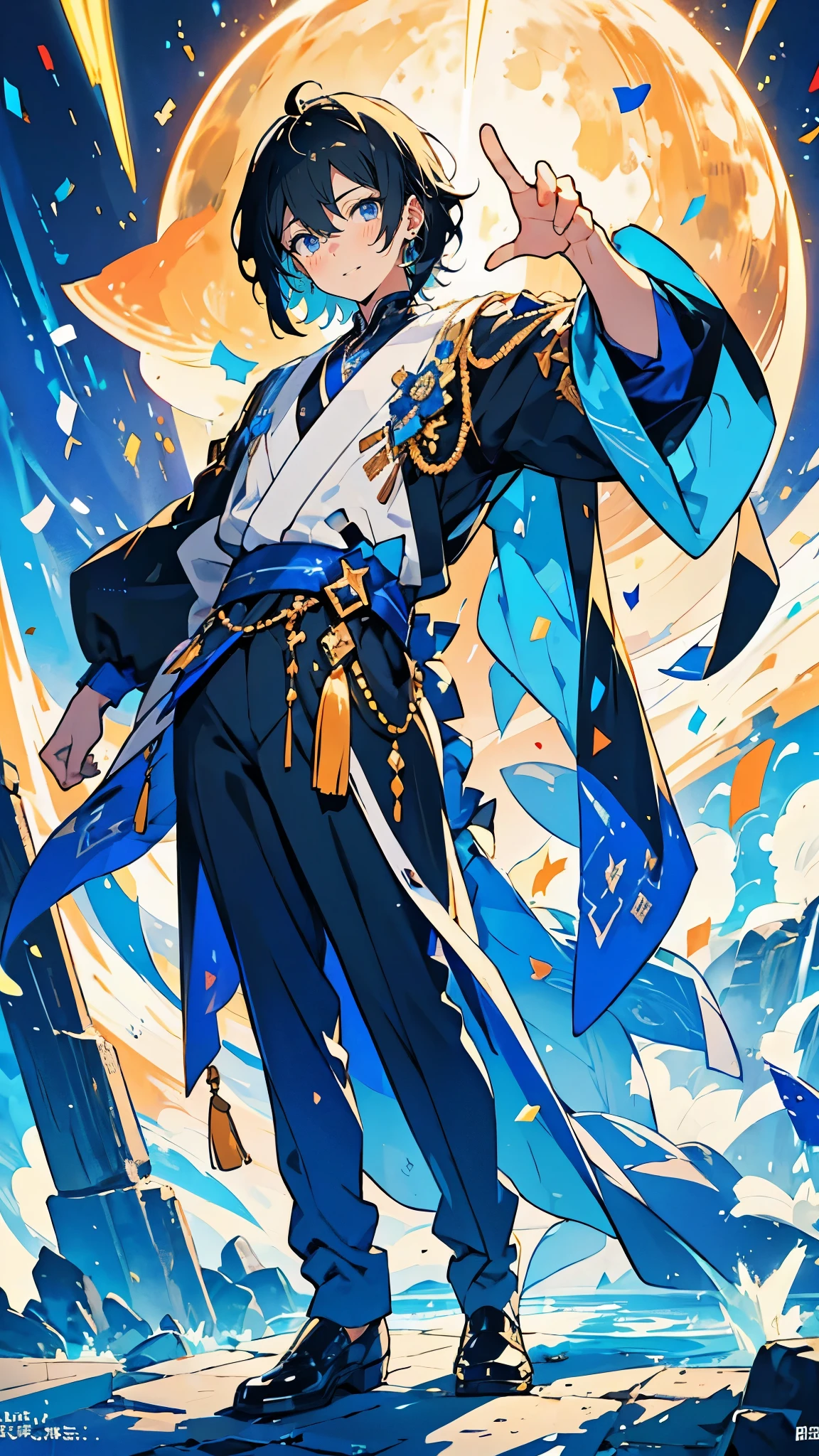 (muste piece), (best quality), very detailed, ((1 boy)), solo focus，Low - Angle，dynamic，A dynamic pose，((happy face))，perfect face, beautiful face, very detailedな顔，(black hair_blue eyes:1.3)，idol costume，male solo idol，concert dome，live，have a microphone，singing，Smiling with mouth wide open，Laser Light，confetti，