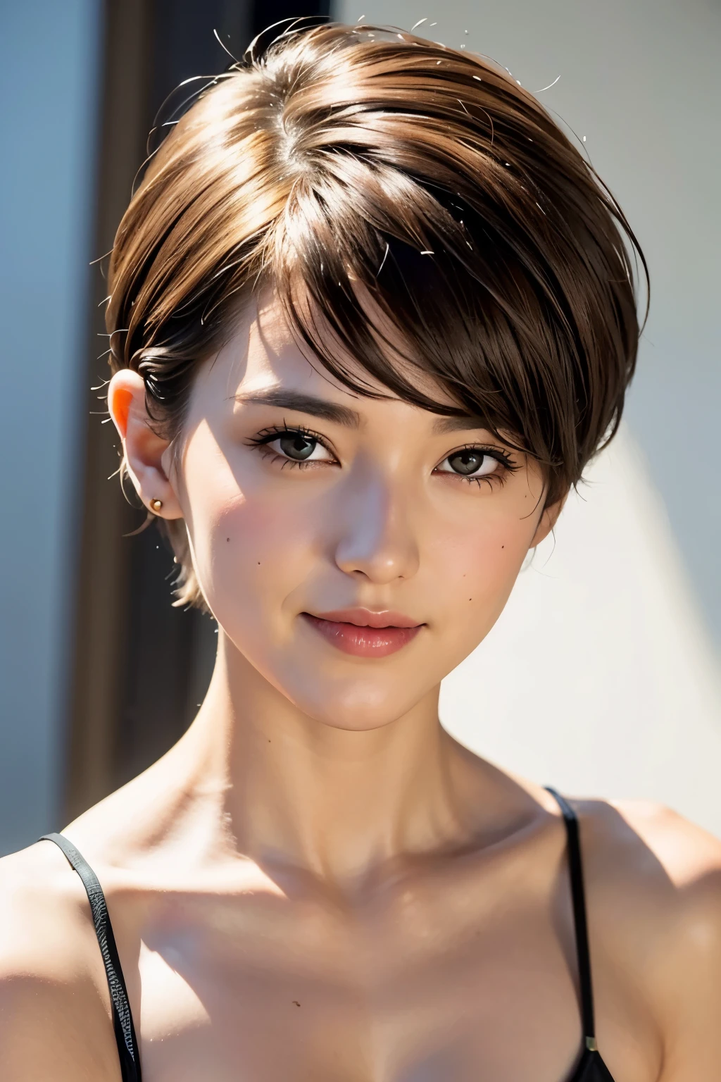 Pixie cut, very, very, very short hair, uneven tips, smile, brown hair, very short hairstyle