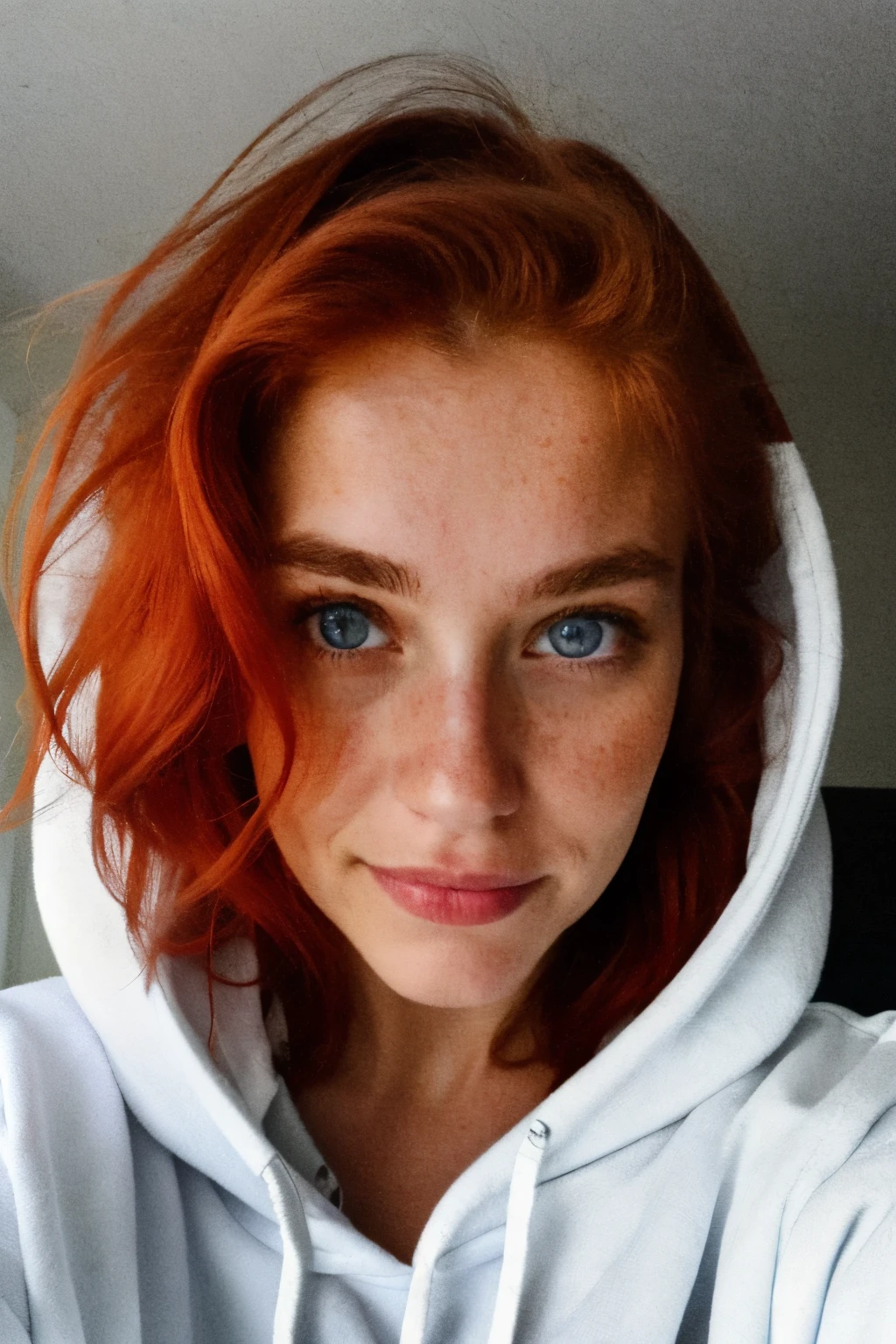 photograph, photo of beautiful woman, selfie, upper body, solo, wearing hoodie, indoors, (night), cheerful, happy, red hair, blue eyes, finnish, looking at viewer, skin texture, photo grain, close up, bysty, amoutanth, RAW photo