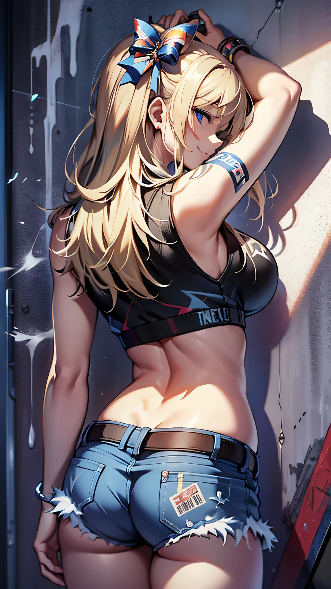 最high quality、best image quality、masterpiece、age girl((18-year-old、 By becoming、vest bust、medium bust,wide open breast tea、black eye, blonde hair、Habitual hair、long hair、thin,highest valley、navel black tank top、blue shorts、Holding a spray can、smug face、leaning forward、paint跡、black aloha shirt、Rear view、lots of accessories、wallに寄りかかる、sexy pose)),high quality、beautiful art、background((Bright city、wall、graffiti、paint、Hawaii、Waikiki))debris flies、Depth of written boundary、movie、visual art、perfect art、8K,genuine