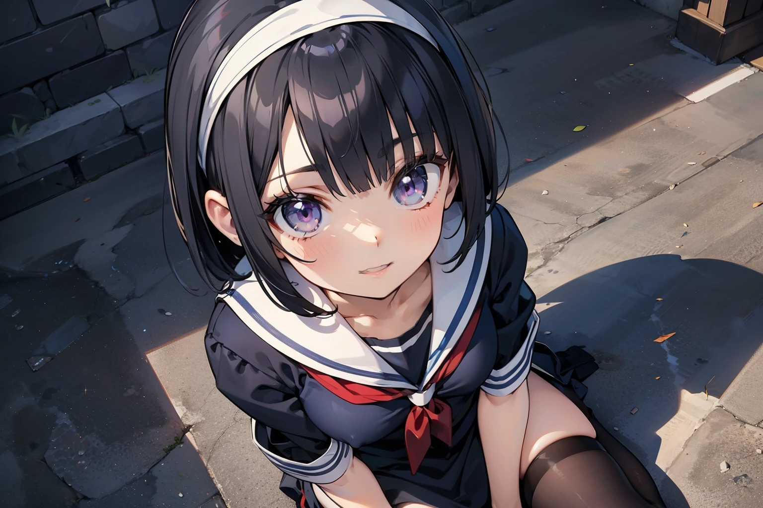 Body eight times longer than head, (Highly detailed CG Unity 8K), (highest quality)，(Very detailed)，(Ultra-high resolution), Black Hair, High school girl wearing a navy sailor suit, Anime 2D Rendering, Realistic young anime school girl, ((White headband)), Purple eyes, Small breasts, expensive, Slanted Eyes, (School Scene), Black Stockings, Bright colors, Open your mouth, Dark Blue Skirt, Bobcut, position looking down from above, Bend your knees, sit, Looking at the flowers blooming on the ground, smile, 