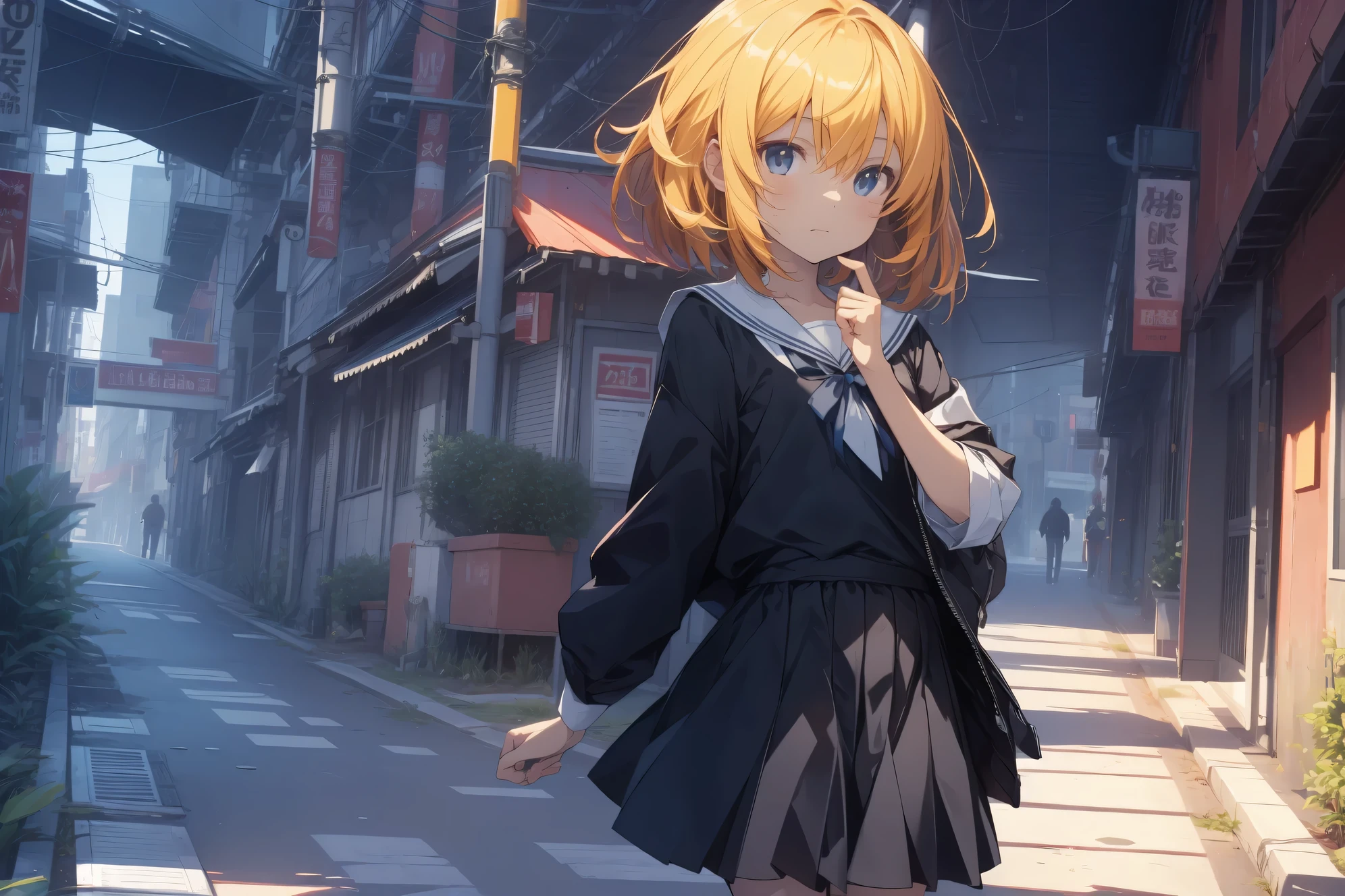 Super high quality by the art god, super detailed, High resolution, Shinkai Makoto style, anime moe art style, best anime 8K konachan wallpaper, pixiv contest winner, perfect anatomy, break,(眠そうにalone学校へ行く女の子を描いてください. ),break, 1 girl, (alone,ta, , 13 y),All limbs, full finger,, androgynous charm, (very short hair), messy hair, flat chest, Because I'm slender, small ass, between legs, Small black eyes, beautiful and fine eyes, Well-proportioned iris and pupils, expressive eyes,disgusted eyes, High resolutionの詳細な髪, wearing school uniform, (skirt),(detailed lighting), (detailed background), On the way to school. break,super dense skin, Best lighting by famous artists, 8K,cute illustration,UHD, rough skin