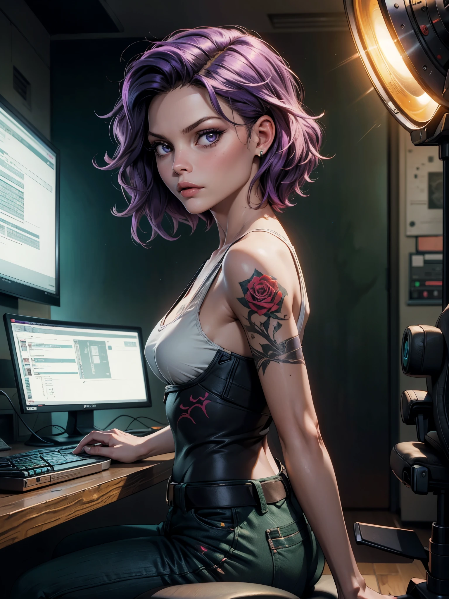 (masterpiece),high detailed, detailed, high quiality, (young michelle pfeiffer),1girl, solo,cyberpunk 2027,room background,desk,3 monitor, pc,pants,(from side),(programming),typing on keyboard,monitor light,light on face,green and purple hair,left side of shaved head,neck rose tattoo,small white shirt,tattoo on boob,arms tattoo,left arm 13 tattoo,red spiderweb tatto on right shoulder,eyeshadow,no light in room, darkness, sitting, sit on chair, serious expression,head from side,side head,(((looking at monitor))), 