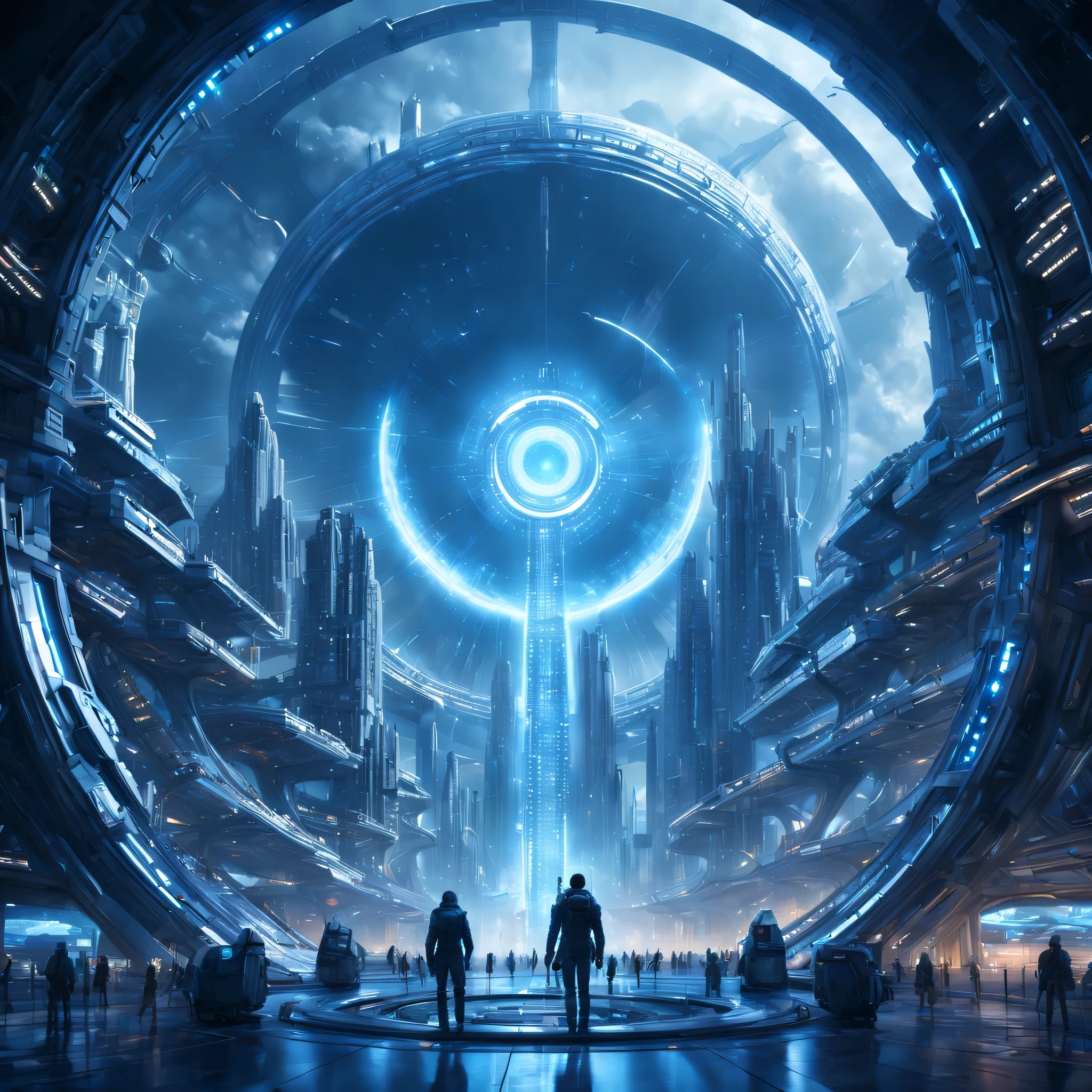 y4nn, a futuristic city with a huge circular structure in the center of it's center circle is a blue light, scifi, a detailed matte painting, space art, hyper detailed, glowing from the inside, masterpiece, best quality