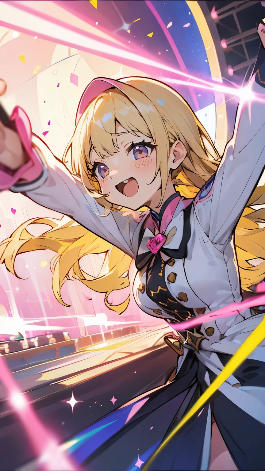 (muste piece), (best quality), very detailed, ((1 girl)), solo focus,Low - Angle,dynamic,jump,((happy face)),perfect face, beautiful face, very detailedな顔,(blonde_pink eyes:1.3),idol costume,Solo Idol,concert dome,live,have a microphone,singing,Smiling with mouth wide open,Laser Light,confetti,