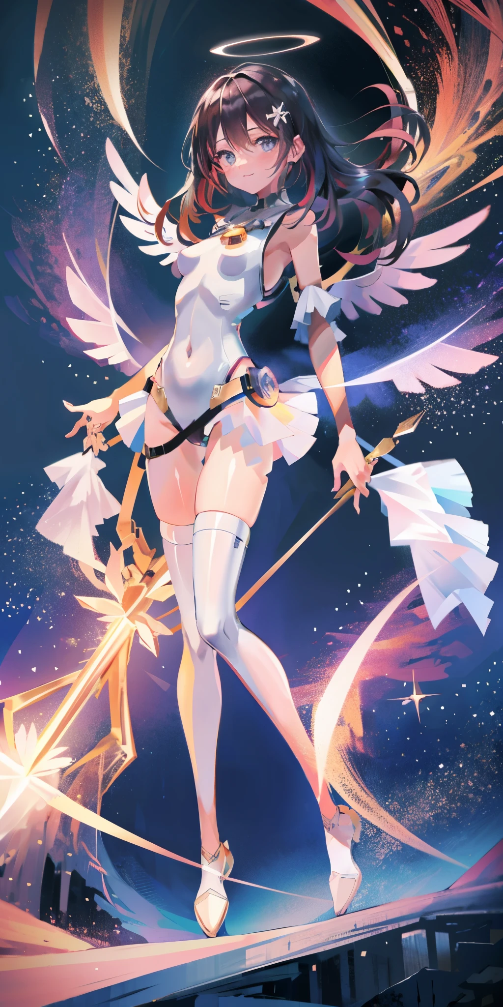 Anime star magic girl, magic , anime goddess, Wear a tailored dress, (((looking at camera)), There is a halo floating above the head, Wings spread, facial details, Halo and wings detail, detailed art, pastel colors, Natural light, View from the front, ultra high definition, Very detailed, center, watercolor,small breasts,open navel,Bare thighs,camel toe,whole body