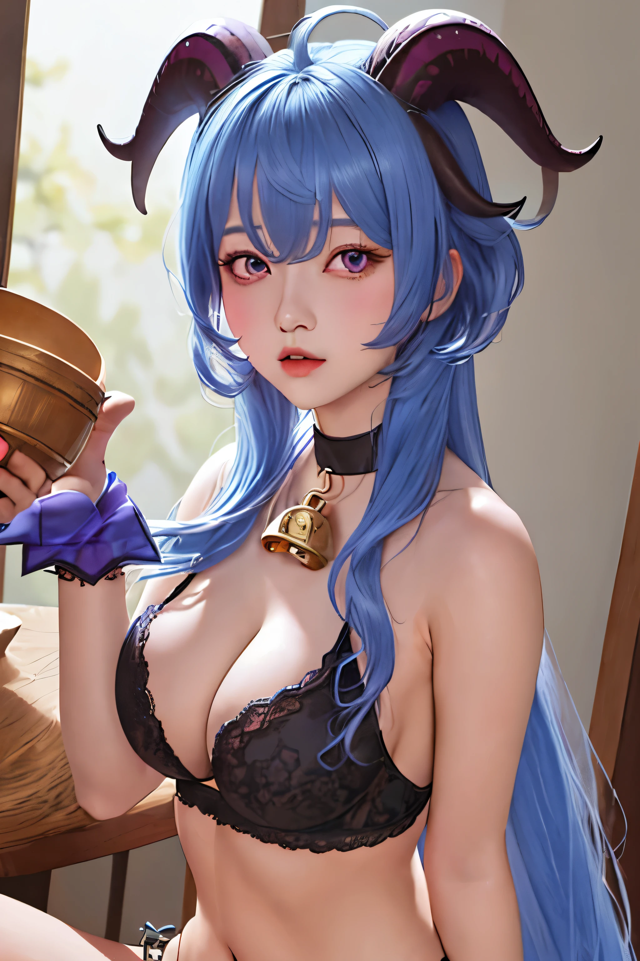 best quality, masterpiece, highres, solo, {ganyu_genshin:1.15}, blue_hair, long_hair, bangs, horns, purple_eyes, ahoge, big breasts, Cleavage, blush, goat_horns, sidelocks, bell, upper_body, neck_bell, 1girl, crop top, Thigh, looking_at_viewer, underwear, , collarbone, bare_shoulders, choker, closed_mouth, pik_background