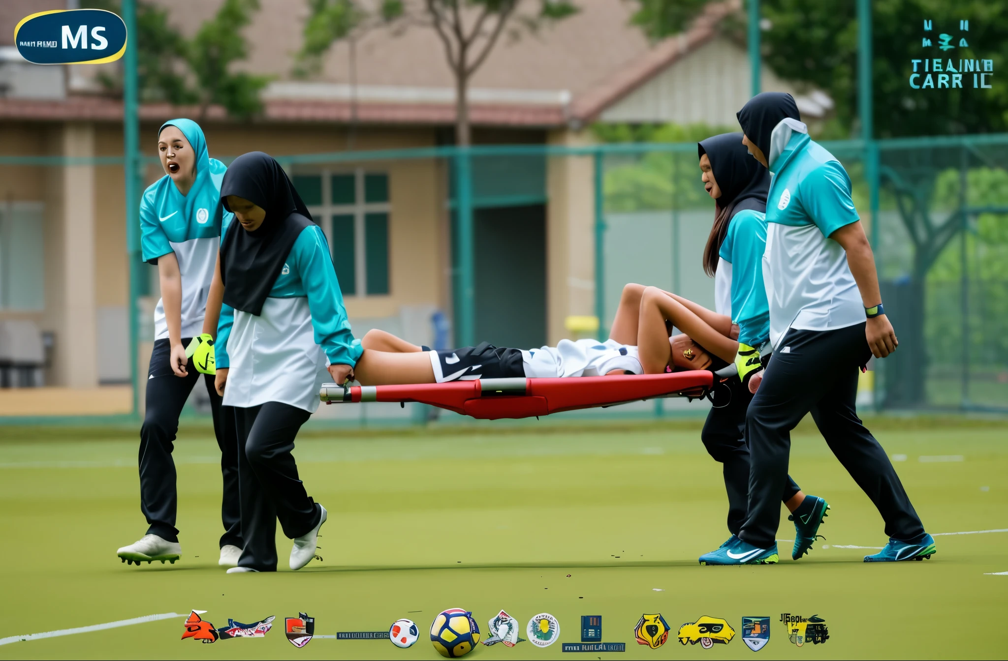 four malaysian girls carry a stretcher, four veiled girls carry a stretcher, a soccer scene in a sports stadium, cool and wet weather conditions, humide ground, rainy sky, injury scene in a sports stadium, stretcher carry, there are four female medics carrying a stretcher, there are four female medics in very shiny coats who are carrying a stretcher in a sports stadium, there is a wounded male soccer player in a matte short cotton sports outfit lying on the stretcher, an injured male soccer player in matte cotton sportswear is lying in pain on a stretcher, a soccer player in matte cotton sports clothes is rearing up in intense pain while lying on a stretcher, dramatic scene, theatralic posing scene, dramatic pity scene, injury soccer, first aid, help, pity, there are four female medics in wetlook high-shine coats who are looking very sad and very terrified and very shocked, the injured soccer player is screaming out in pain while he is carried from the pitch on a stretcher