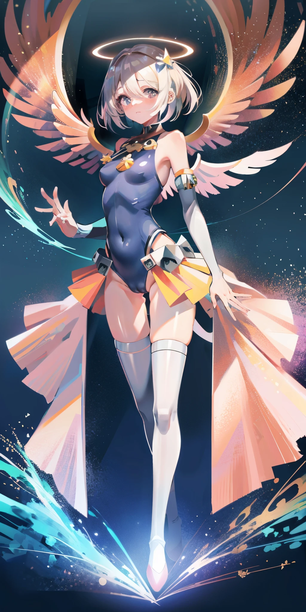 Anime star magic girl, magic , anime goddess, Wear a tailored dress, (((looking at camera)), There is a halo floating above the head, Wings spread, facial details, Halo and wings detail, detailed art, pastel colors, Natural light, View from the front, ultra high definition, Very detailed, center, watercolor，small breasts，open navel，Bare thighs，camel toe，whole body