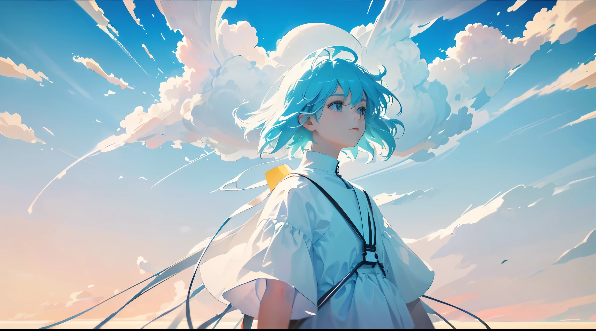 masterpiece, best quality, movie still, 1girl, floating in the sky, cloud girl, cloud, (close-up:1.1), bright, happy, fun, soft lighting, (Bauhaus, shapes, lines, abstract:1.1)