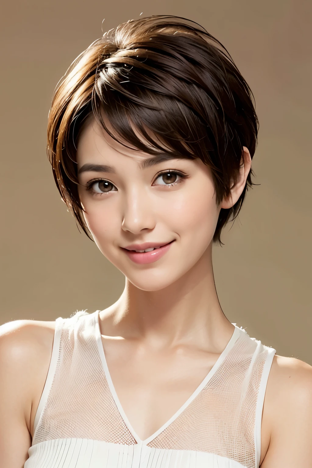 Pixie cut, very, very, very short hair, uneven tips, smile, brown hair, very short hairstyle